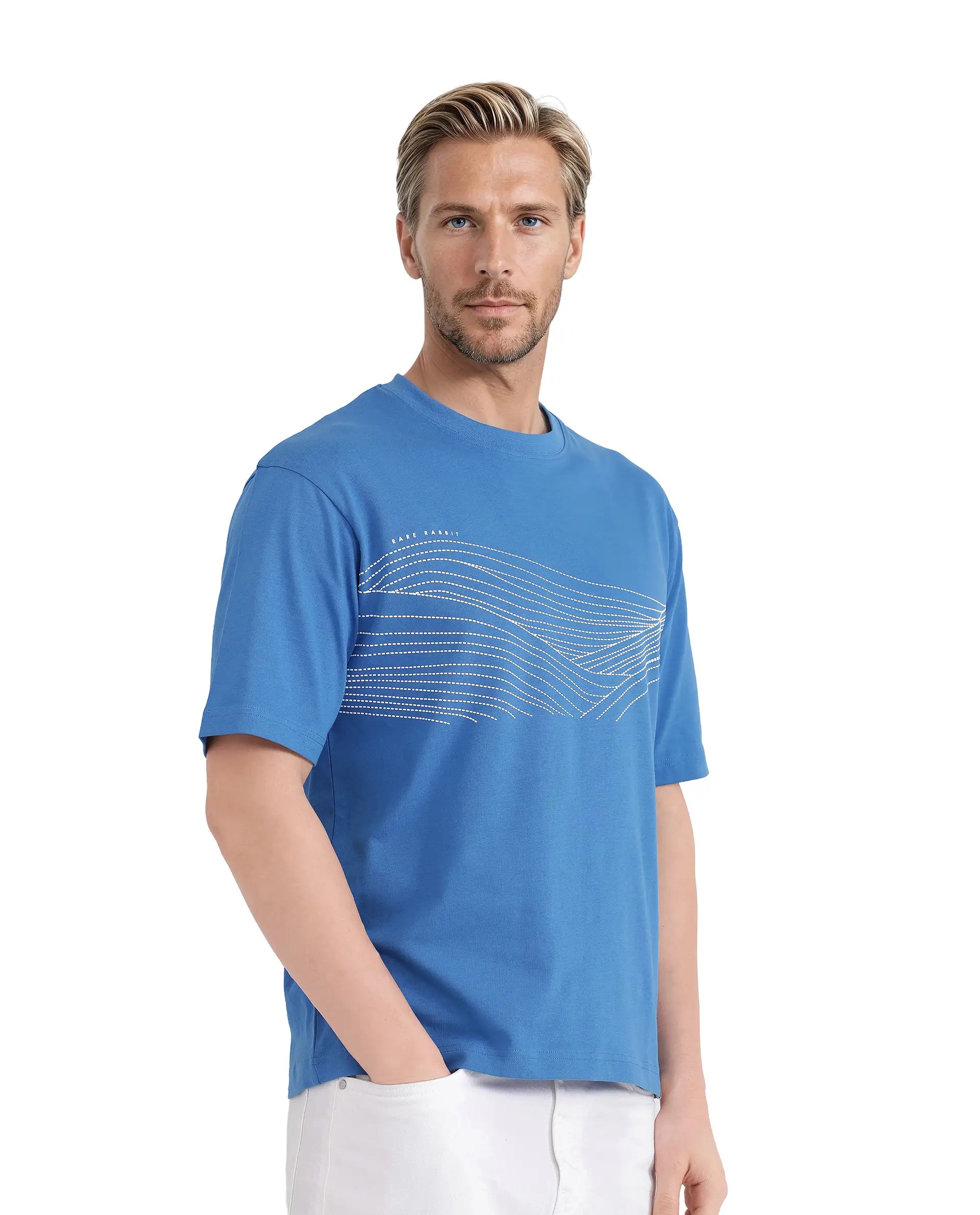 Rare Rabbit Men Vint Dusky Blue Cotton Fabric Short Sleeve Crew Neck Qlo Fit HD Print T-Shirt