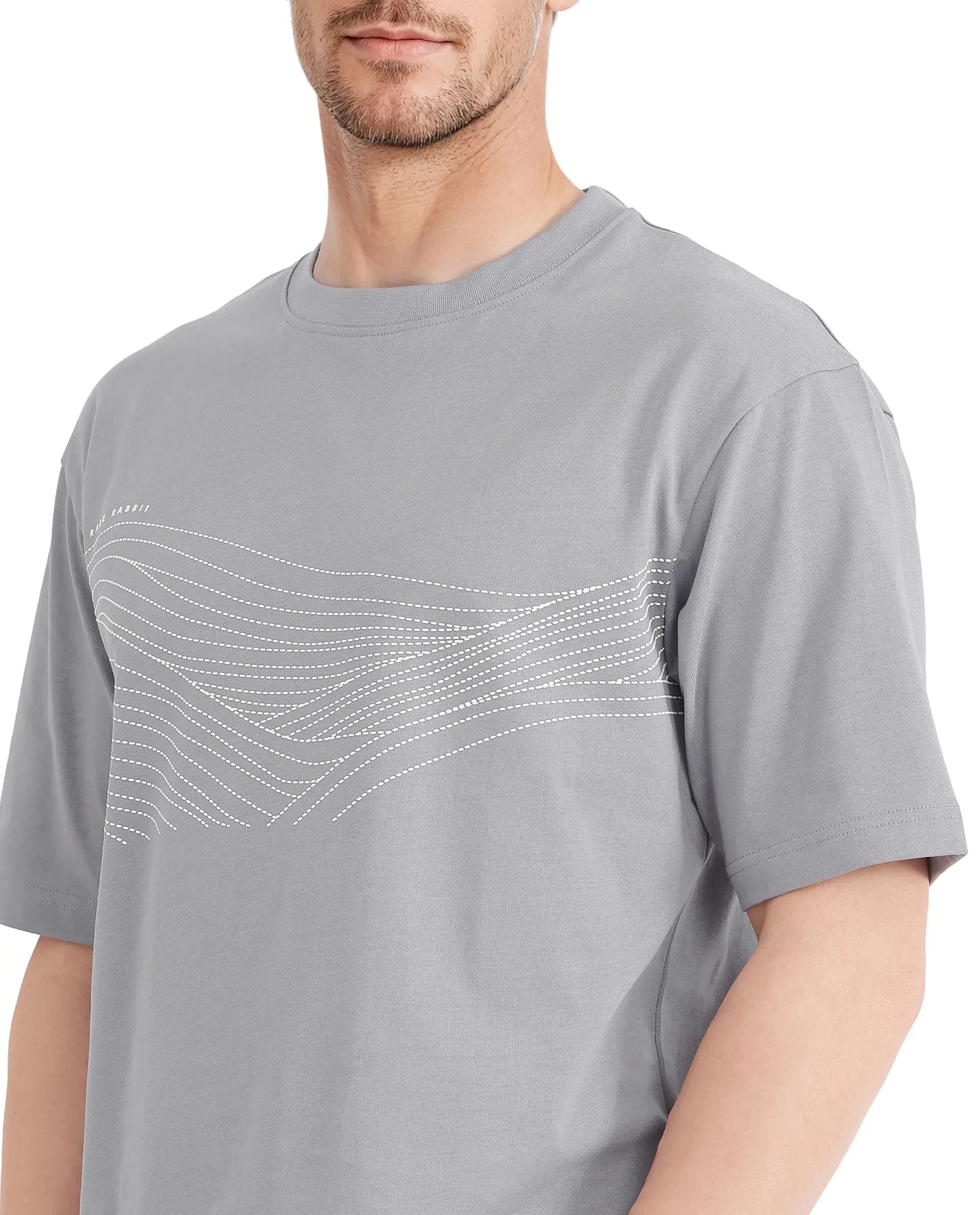 Rare Rabbit Men Vint Light Grey Cotton Fabric Short Sleeve Crew Neck Qlo Fit Hd Print T-Shirt