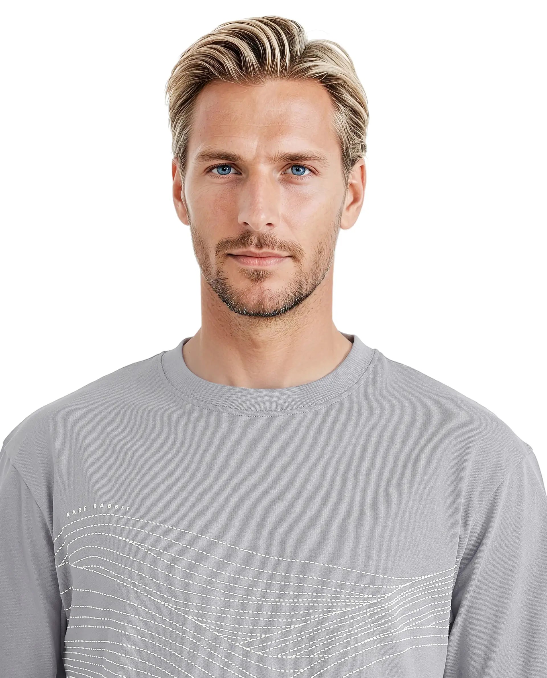 Rare Rabbit Men Vint Light Grey Cotton Fabric Short Sleeve Crew Neck Qlo Fit Hd Print T-Shirt