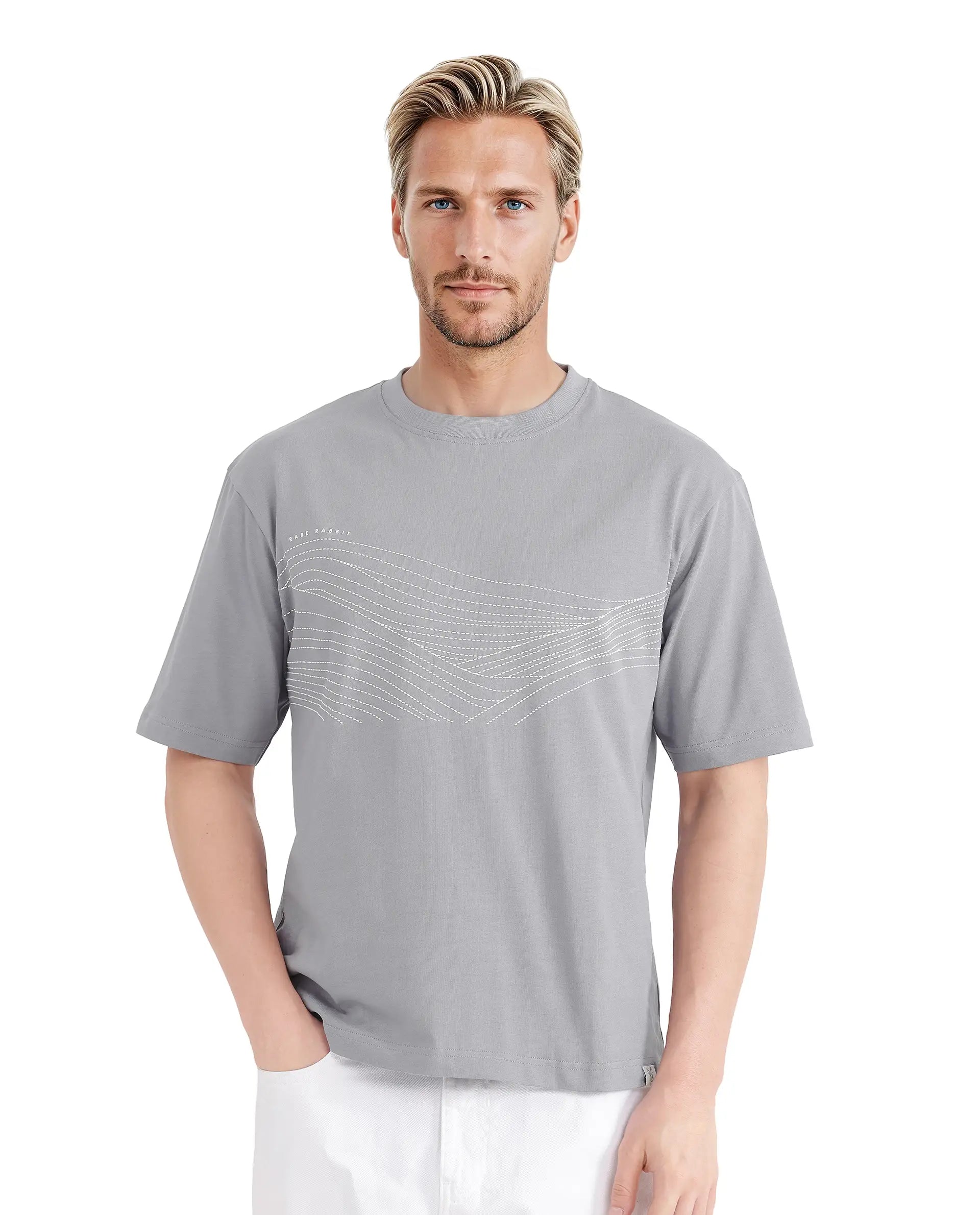 Rare Rabbit Men Vint Light Grey Cotton Fabric Short Sleeve Crew Neck Qlo Fit Hd Print T-Shirt