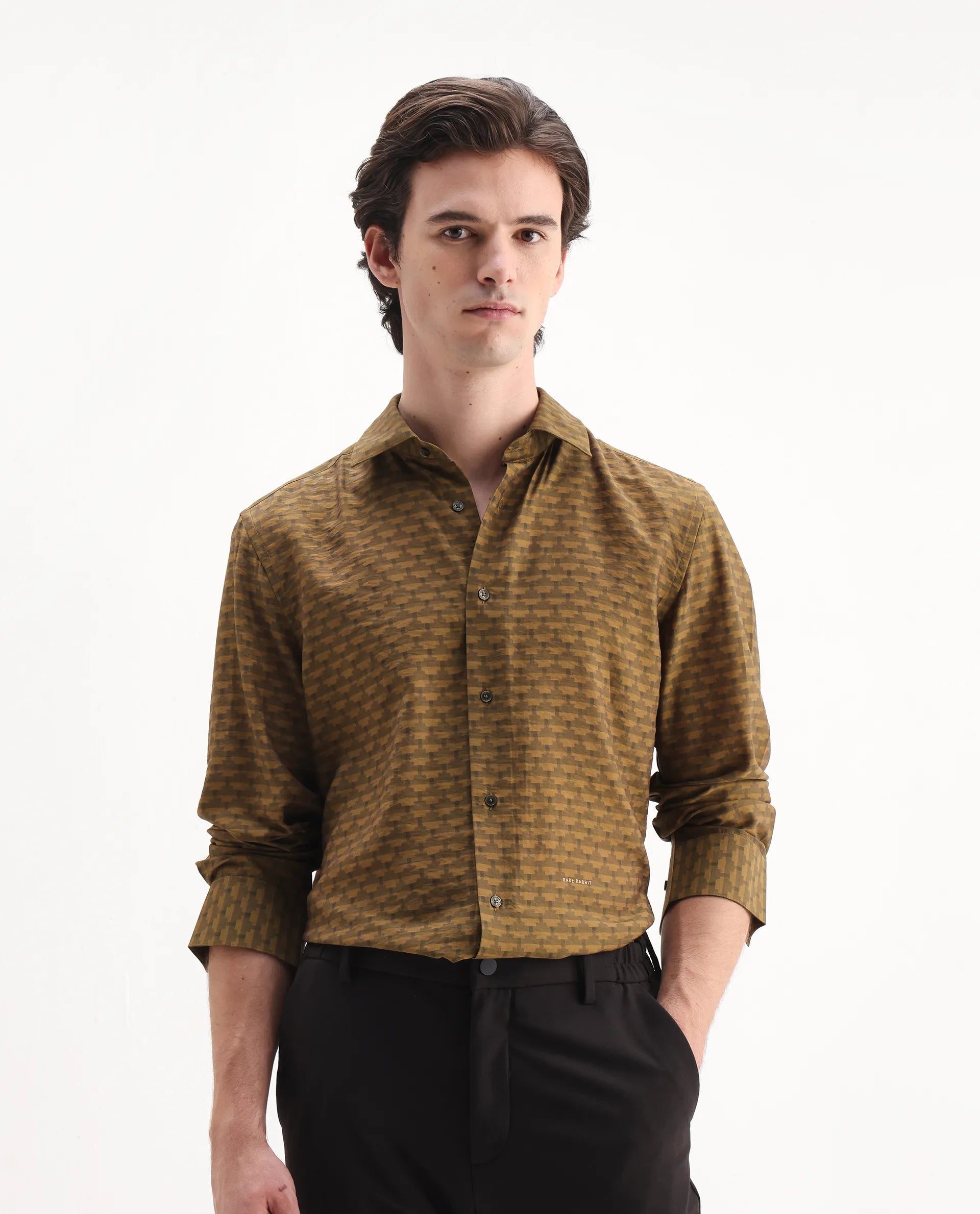 Rare Rabbit Men's Vira Dusky Yellow Viscose Digital Print Regular Fit Full Sleeve Collared Shirt