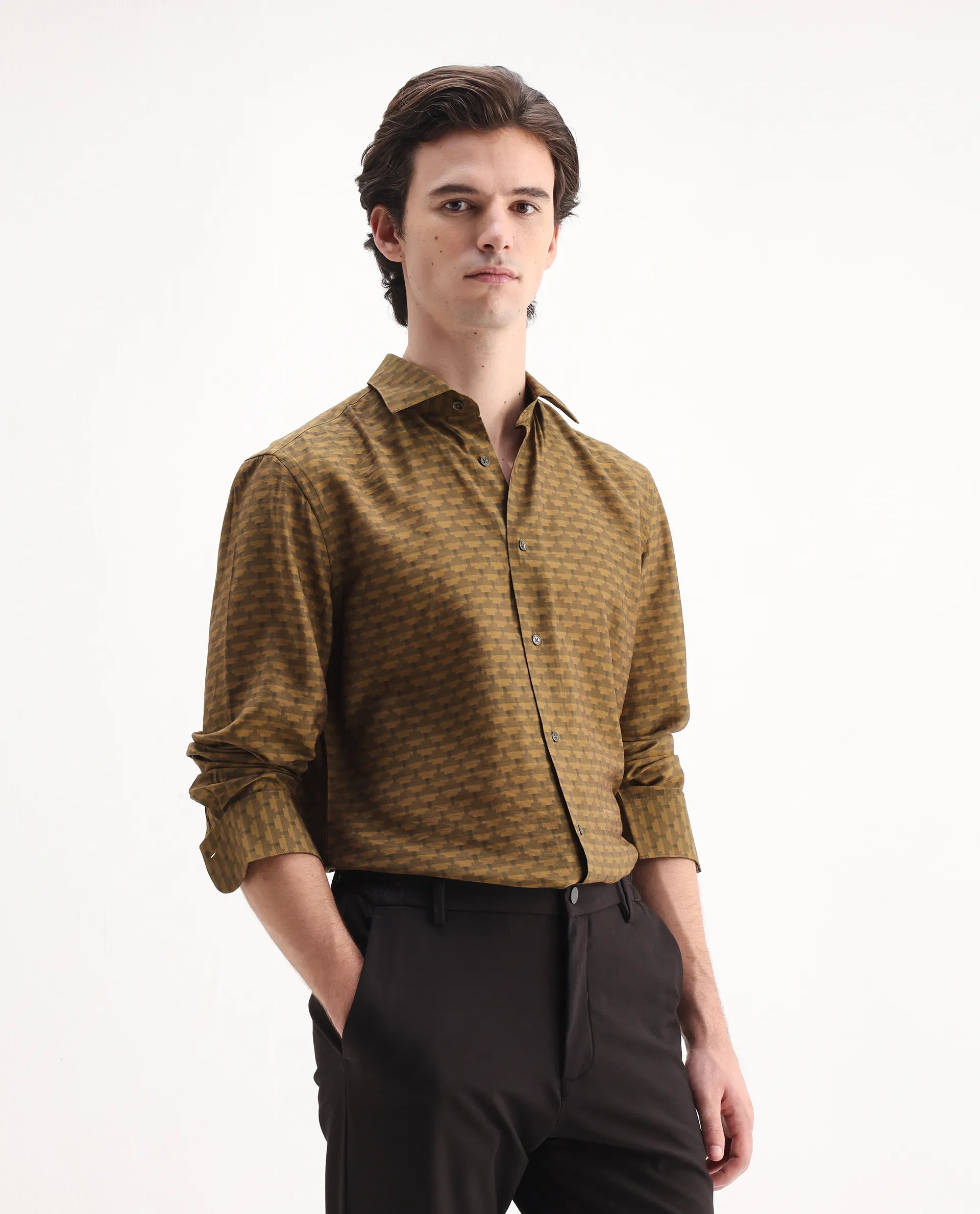 Rare Rabbit Men's Vira Dusky Yellow Viscose Digital Print Regular Fit Full Sleeve Collared Shirt