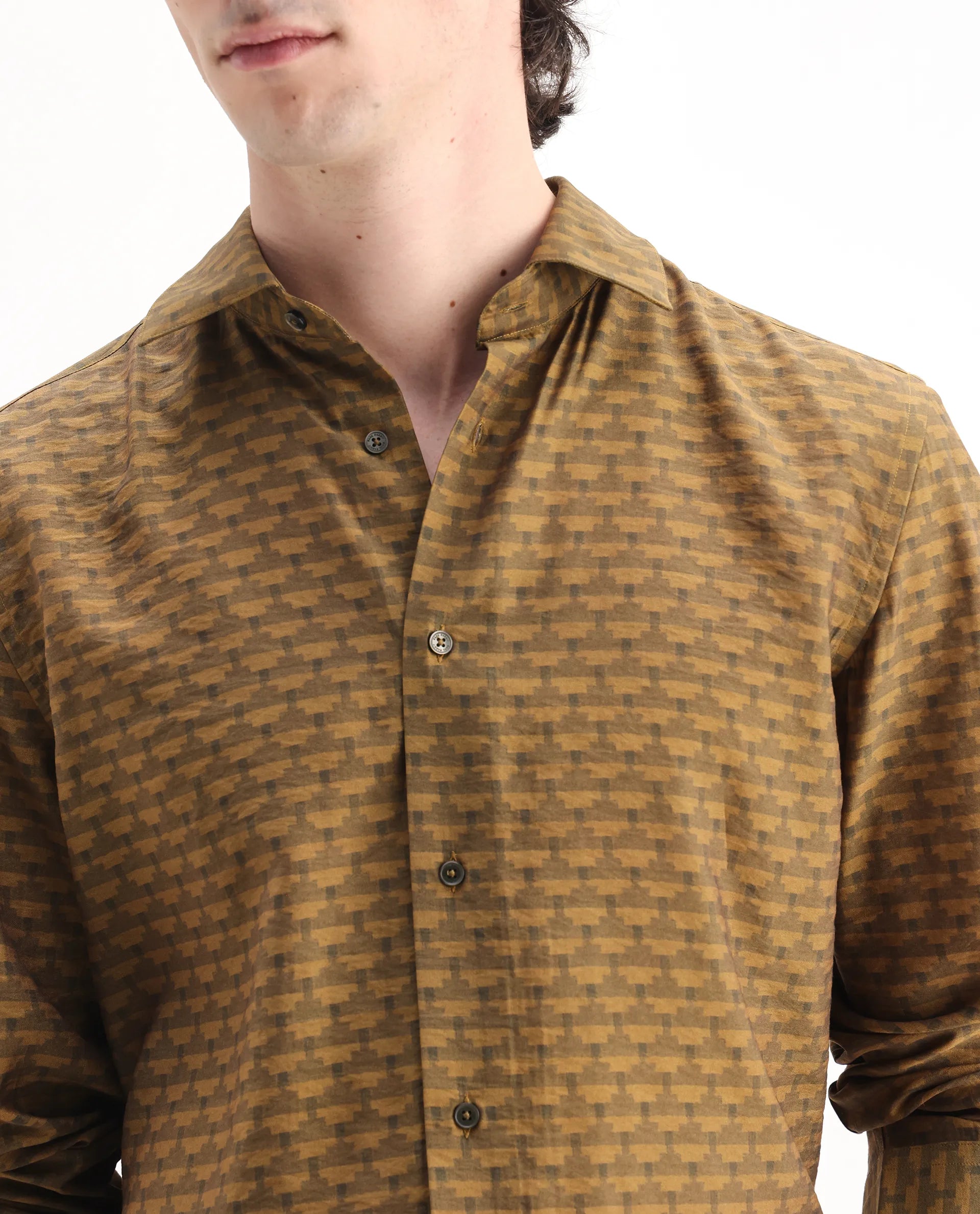 Rare Rabbit Men's Vira Dusky Yellow Viscose Digital Print Regular Fit Full Sleeve Collared Shirt