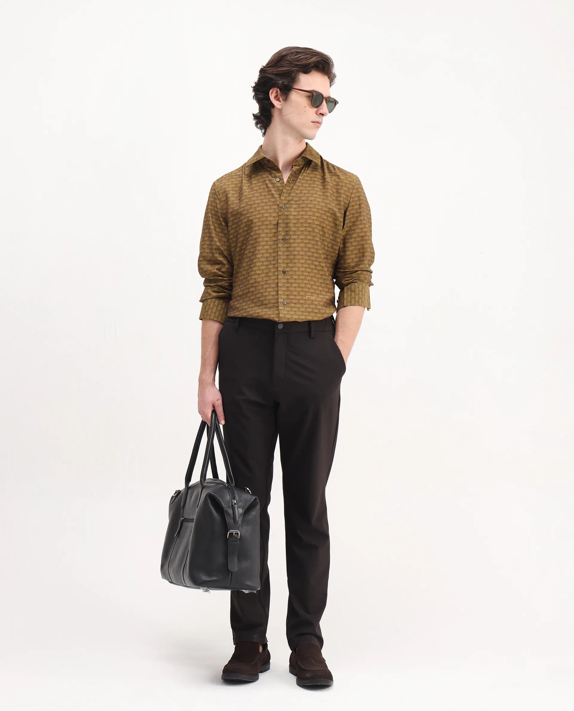 Rare Rabbit Men's Vira Dusky Yellow Viscose Digital Print Regular Fit Full Sleeve Collared Shirt