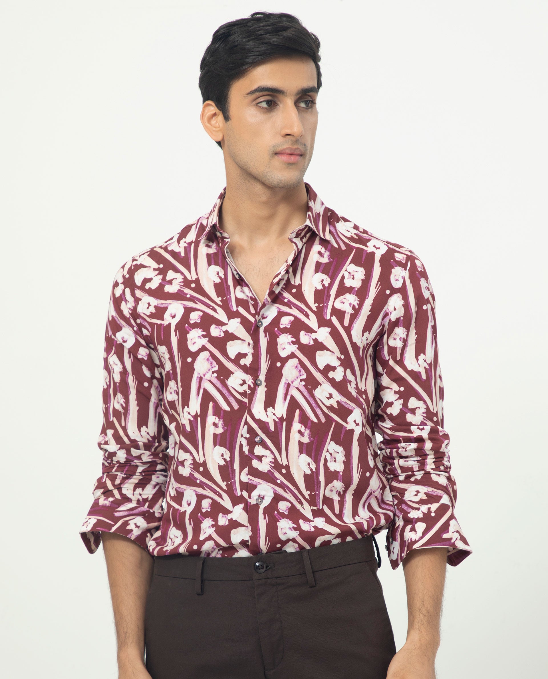 Rare Rabbit Men's Visker Brown Viscose Fabric Abstract Print Full Sleeves Shirt