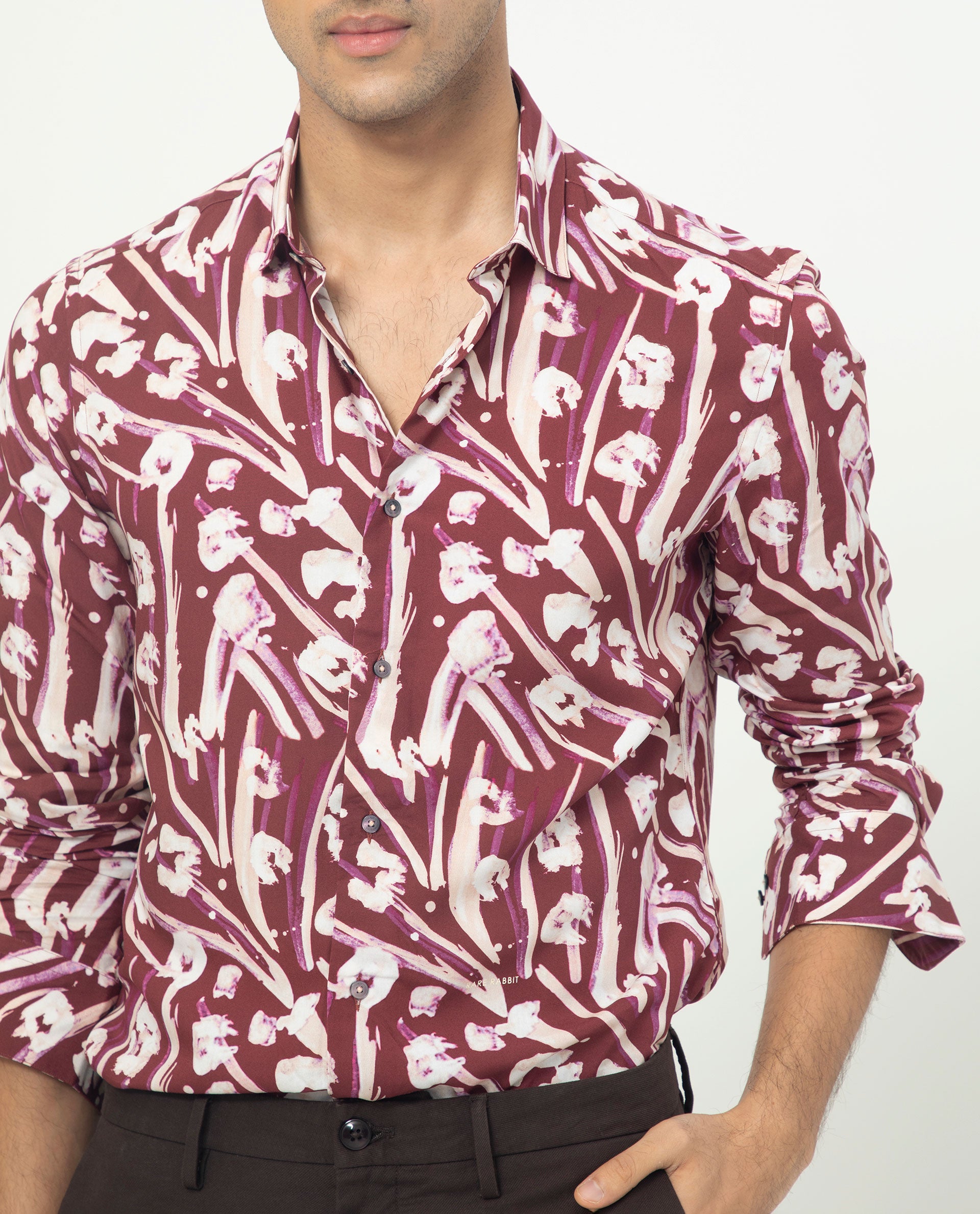 Rare Rabbit Men's Visker Brown Viscose Fabric Abstract Print Full Sleeves Shirt