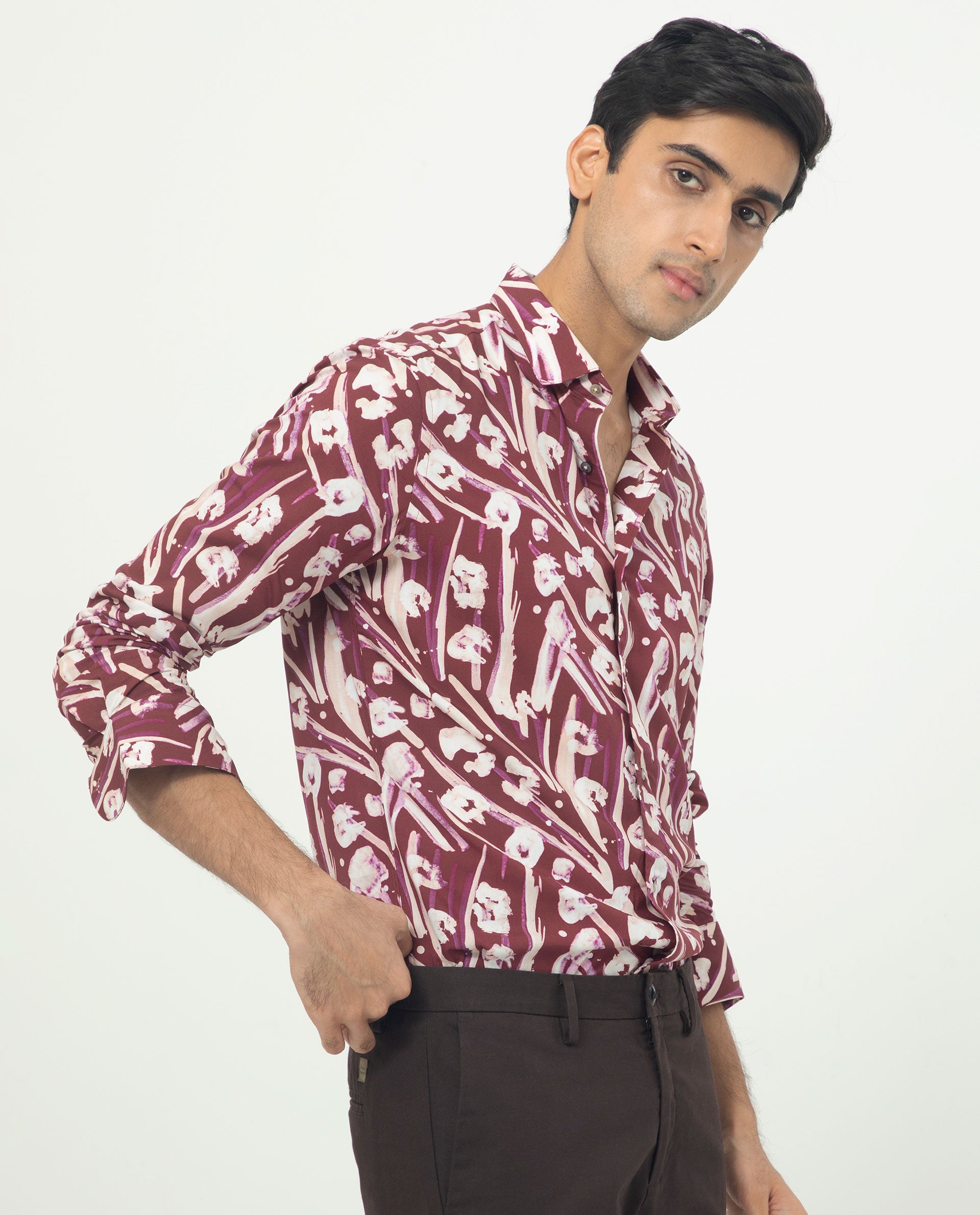 Rare Rabbit Men's Visker Brown Viscose Fabric Abstract Print Full Sleeves Shirt