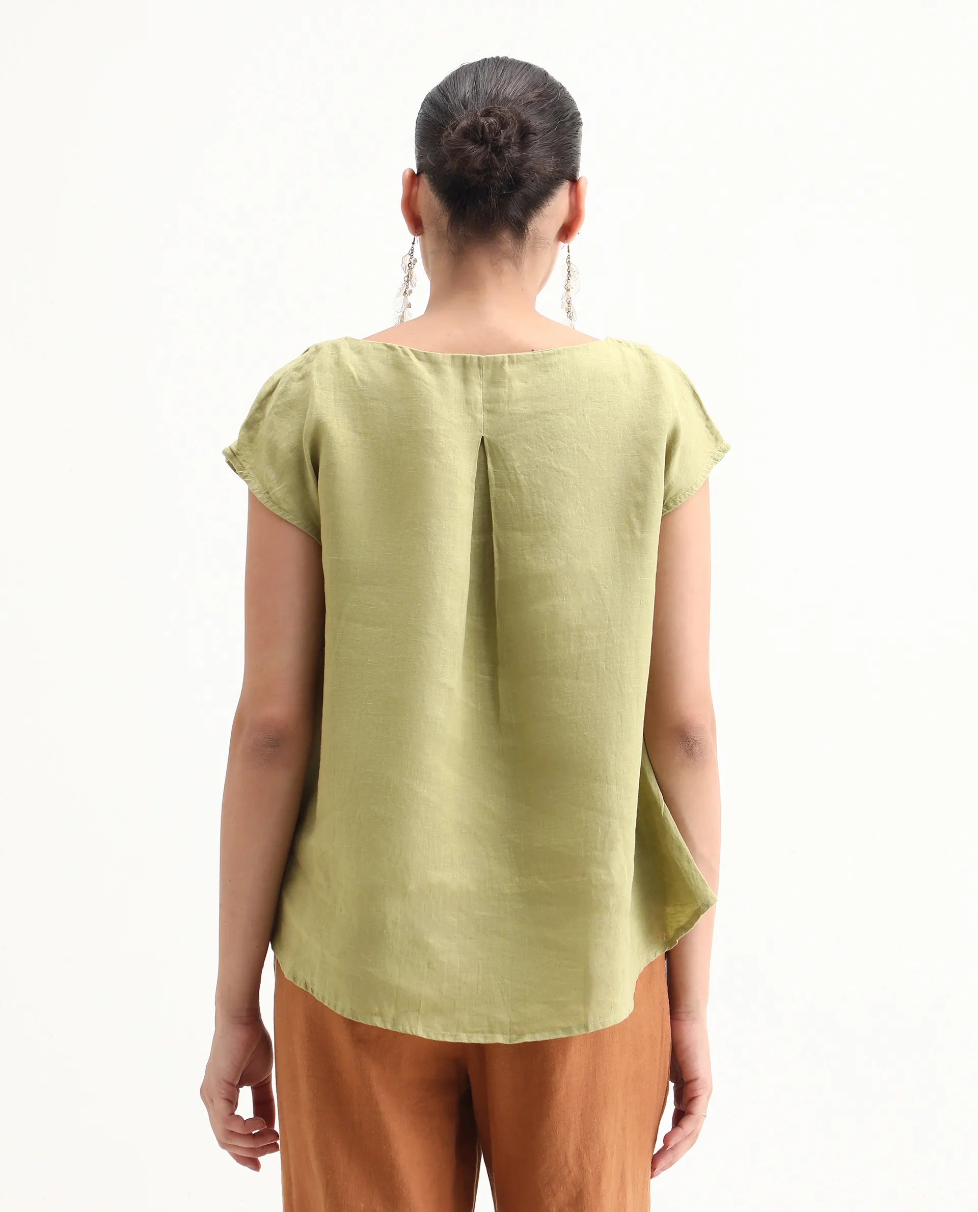 Rareism Women's Vita Green Linen Boat Neck Plain Extended Sleeves Regular Fit Top