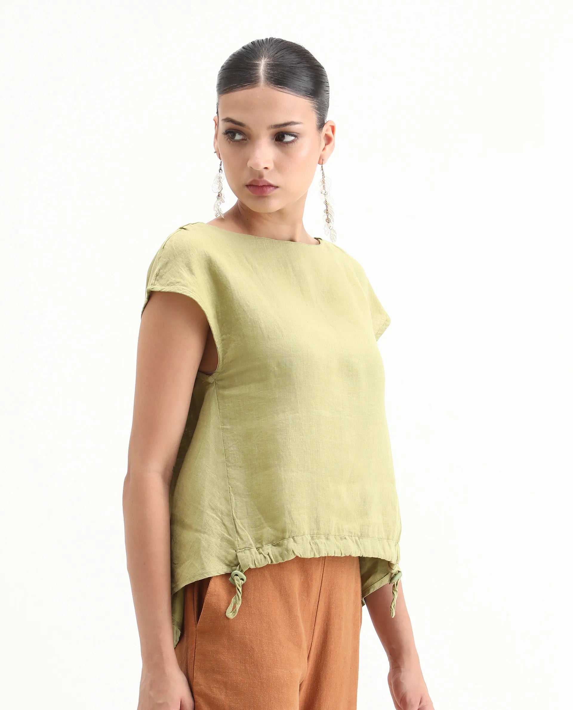 Rareism Women's Vita Green Linen Boat Neck Plain Extended Sleeves Regular Fit Top