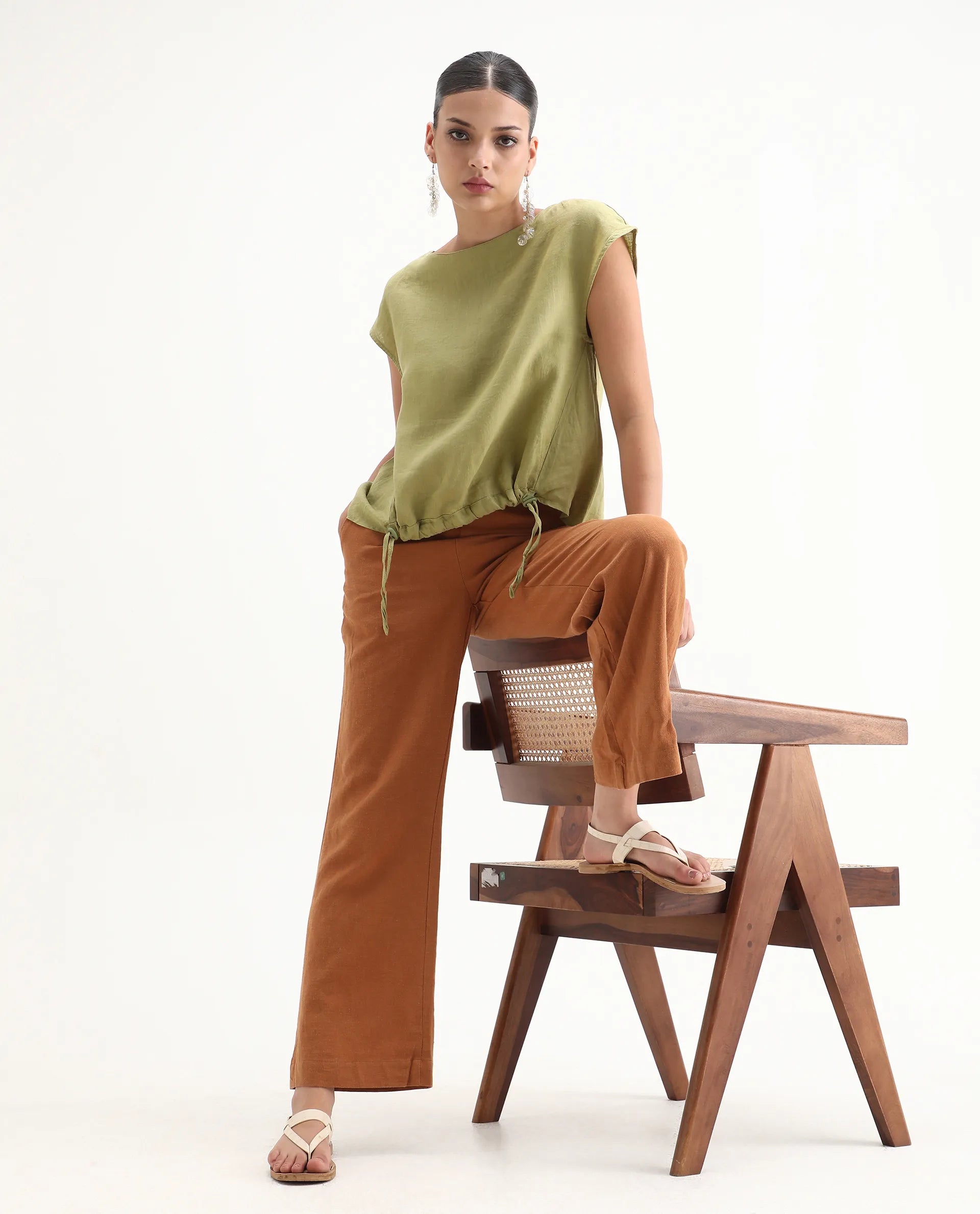 Rareism Women's Vita Green Linen Boat Neck Plain Extended Sleeves Regular Fit Top