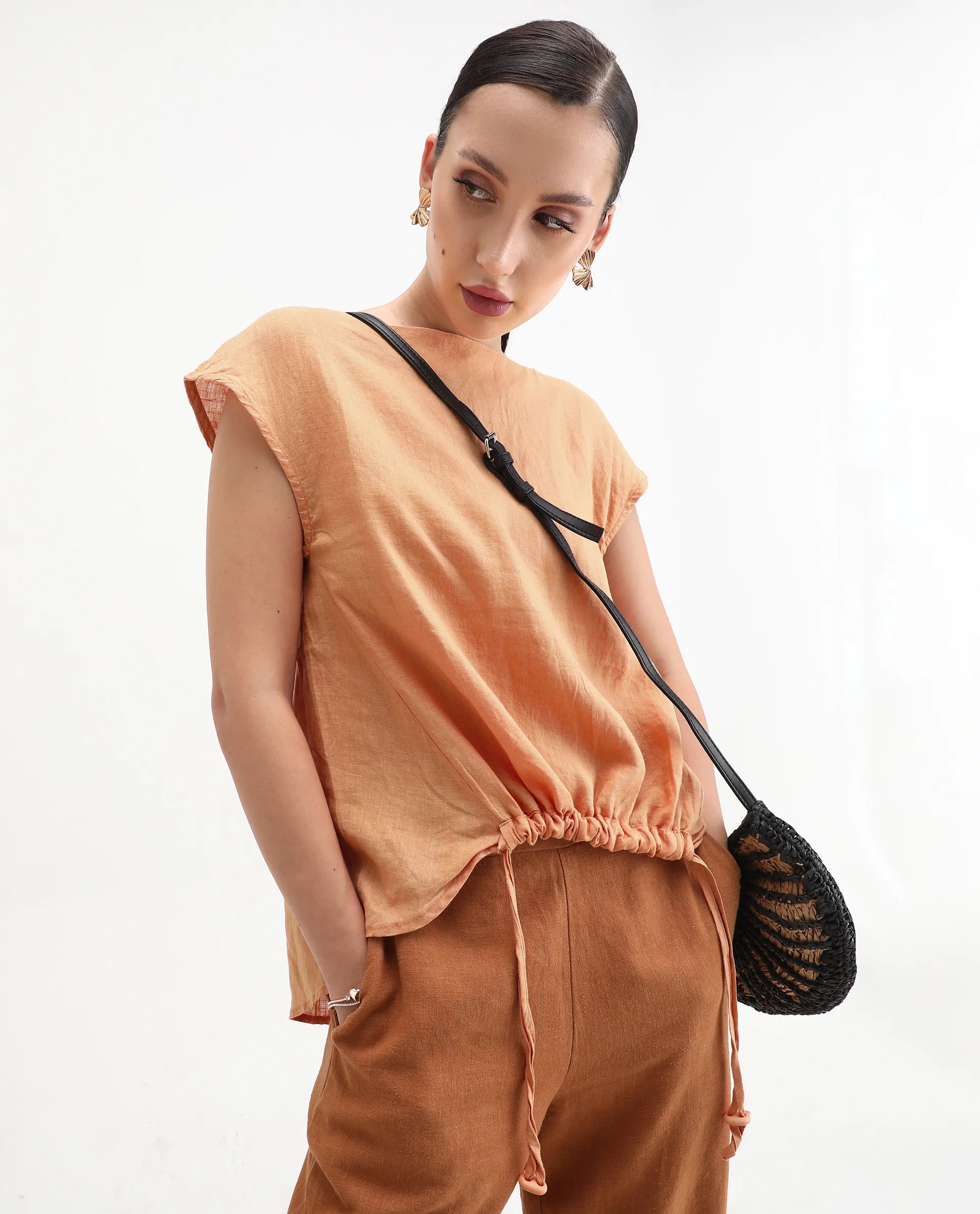 Rareism Women's Vita Orange Linen Boat Neck Plain Extended Sleeves Regular Fit Top