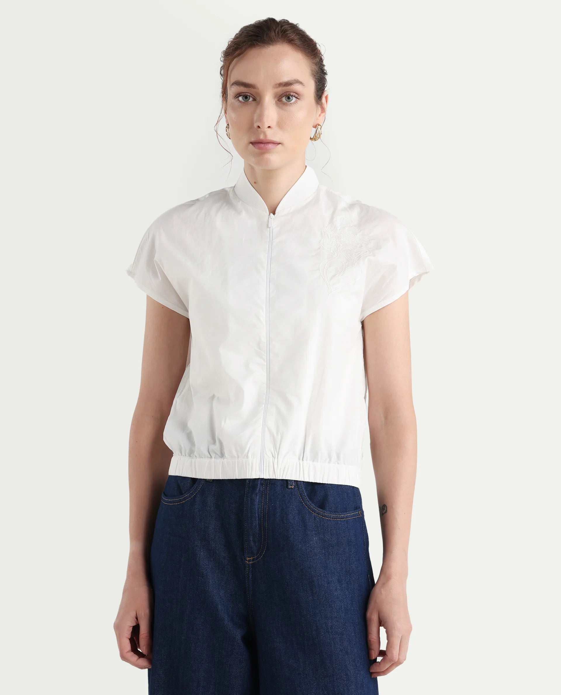 Rareism Women's Viteri White Cotton Ribbed Collar Abstract Print Extended Sleeves Regular Fit Top