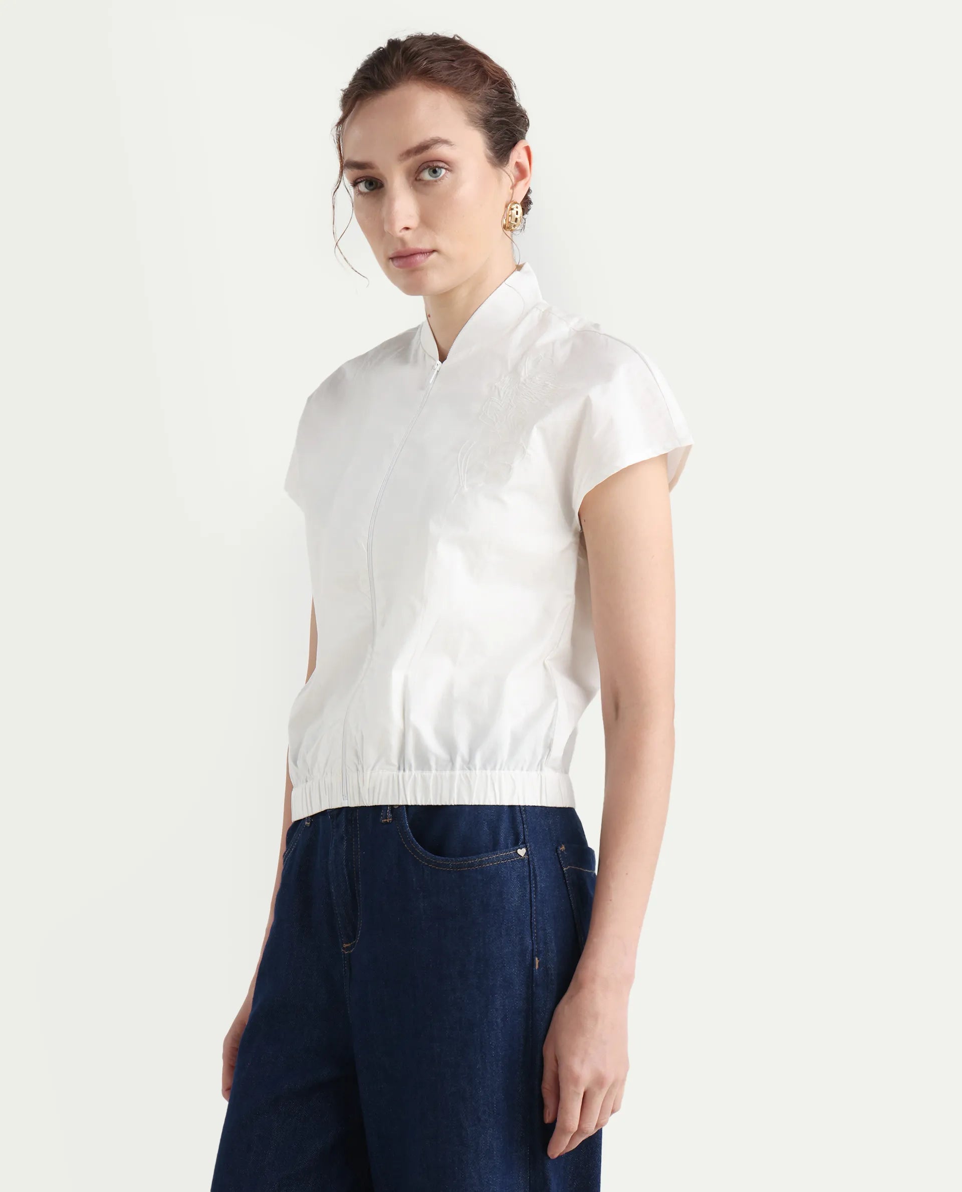 Rareism Women's Viteri White Cotton Ribbed Collar Abstract Print Extended Sleeves Regular Fit Top