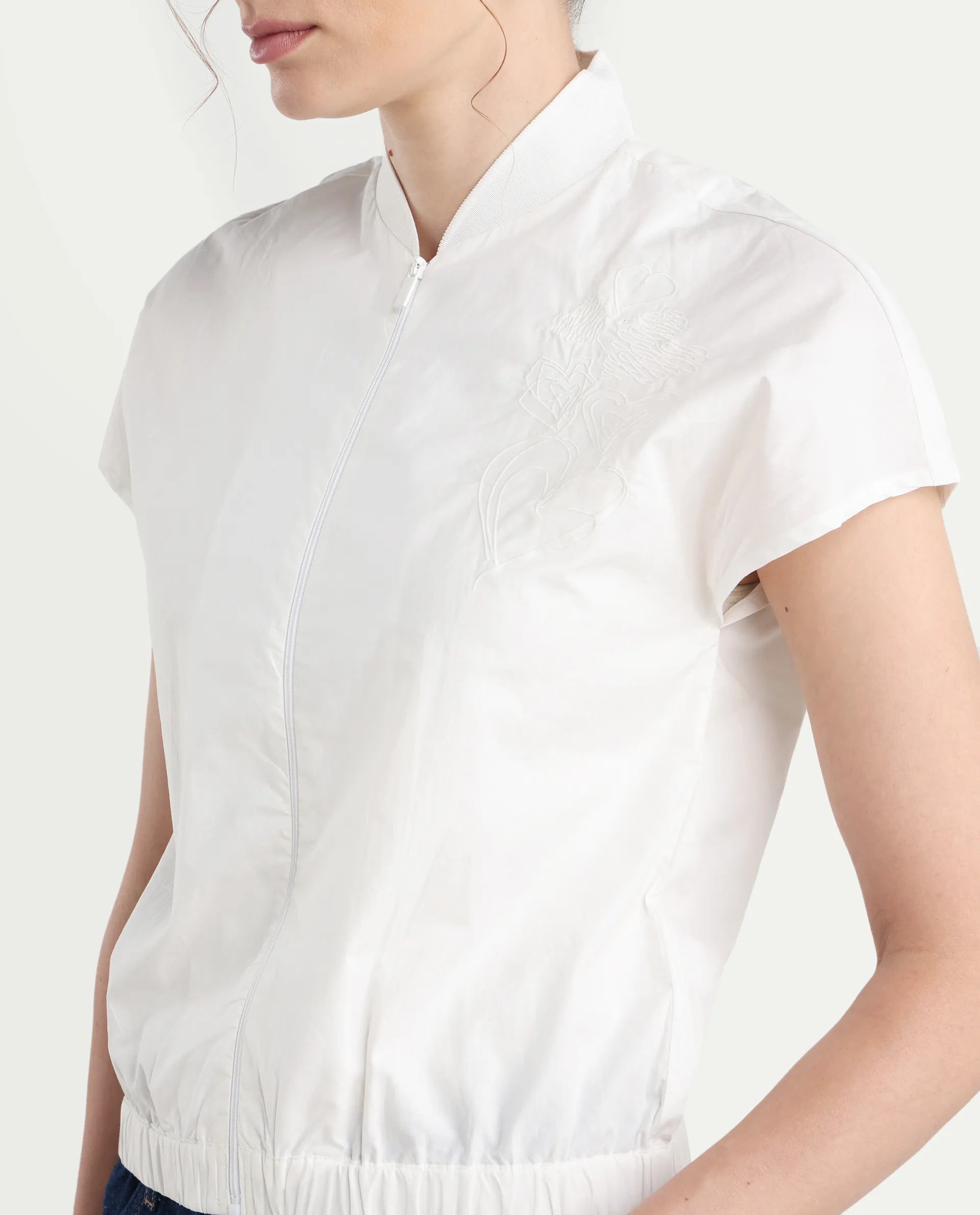 Rareism Women's Viteri White Cotton Ribbed Collar Abstract Print Extended Sleeves Regular Fit Top