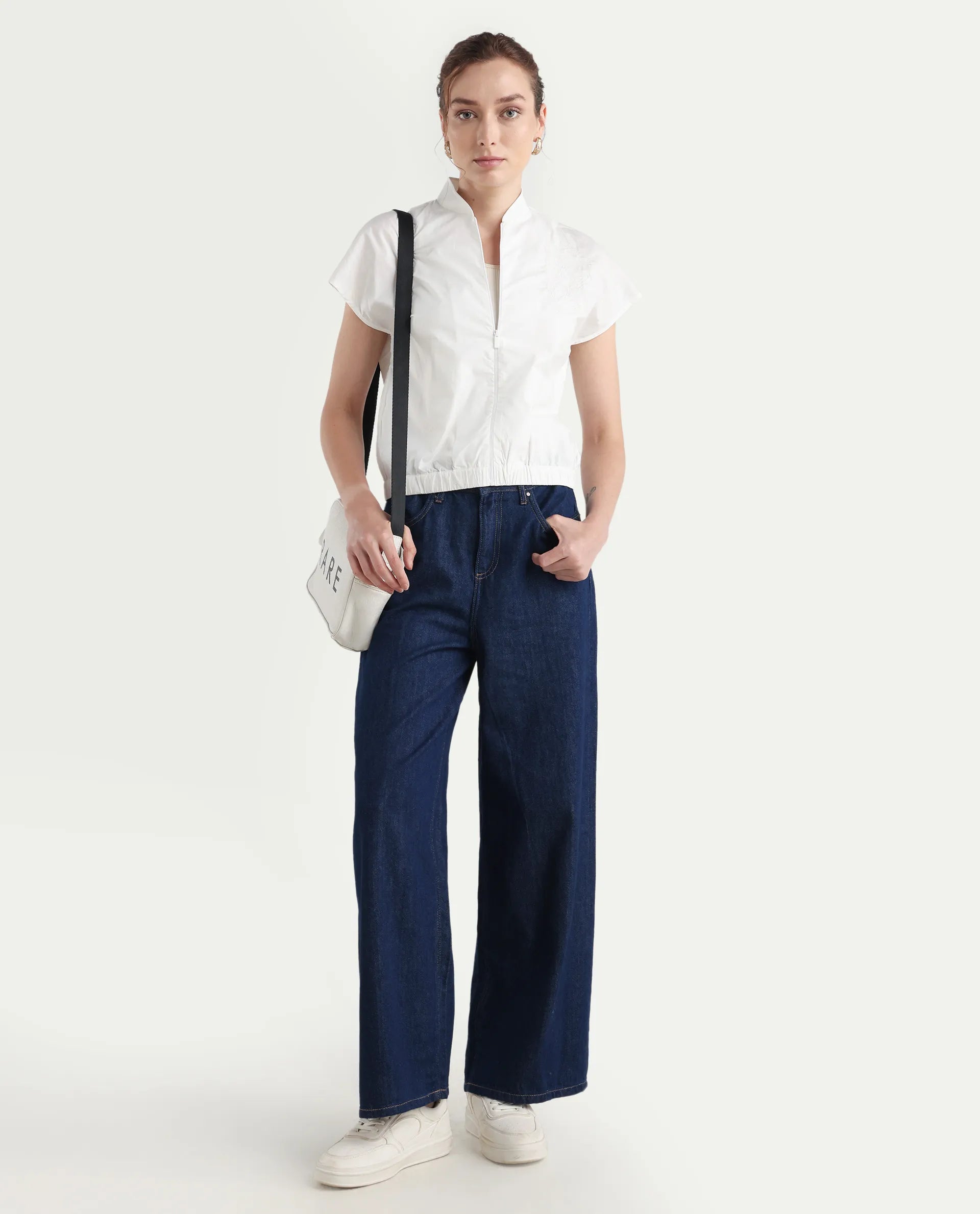 Rareism Women's Viteri White Cotton Ribbed Collar Abstract Print Extended Sleeves Regular Fit Top