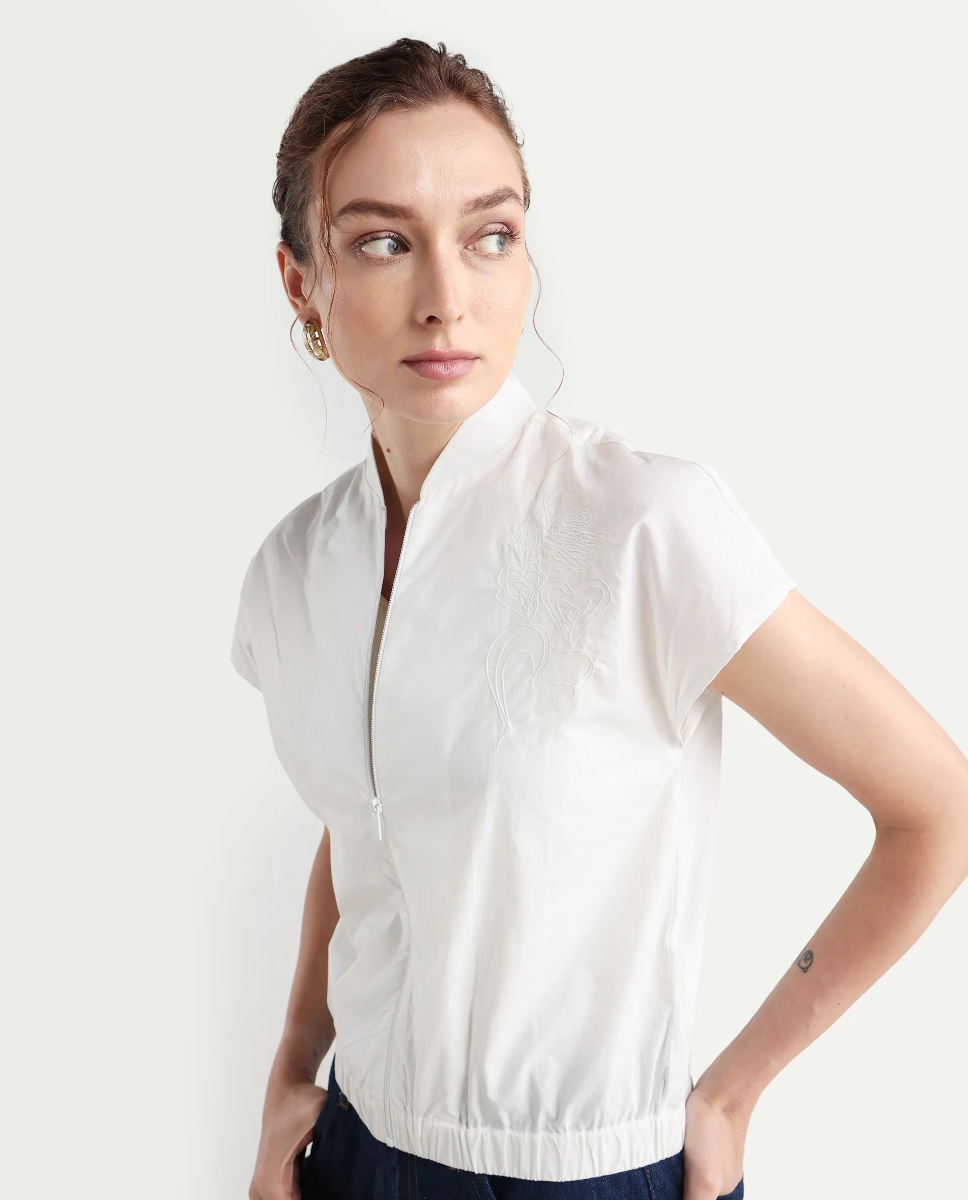 Rareism Women's Viteri White Cotton Ribbed Collar Abstract Print Extended Sleeves Regular Fit Top