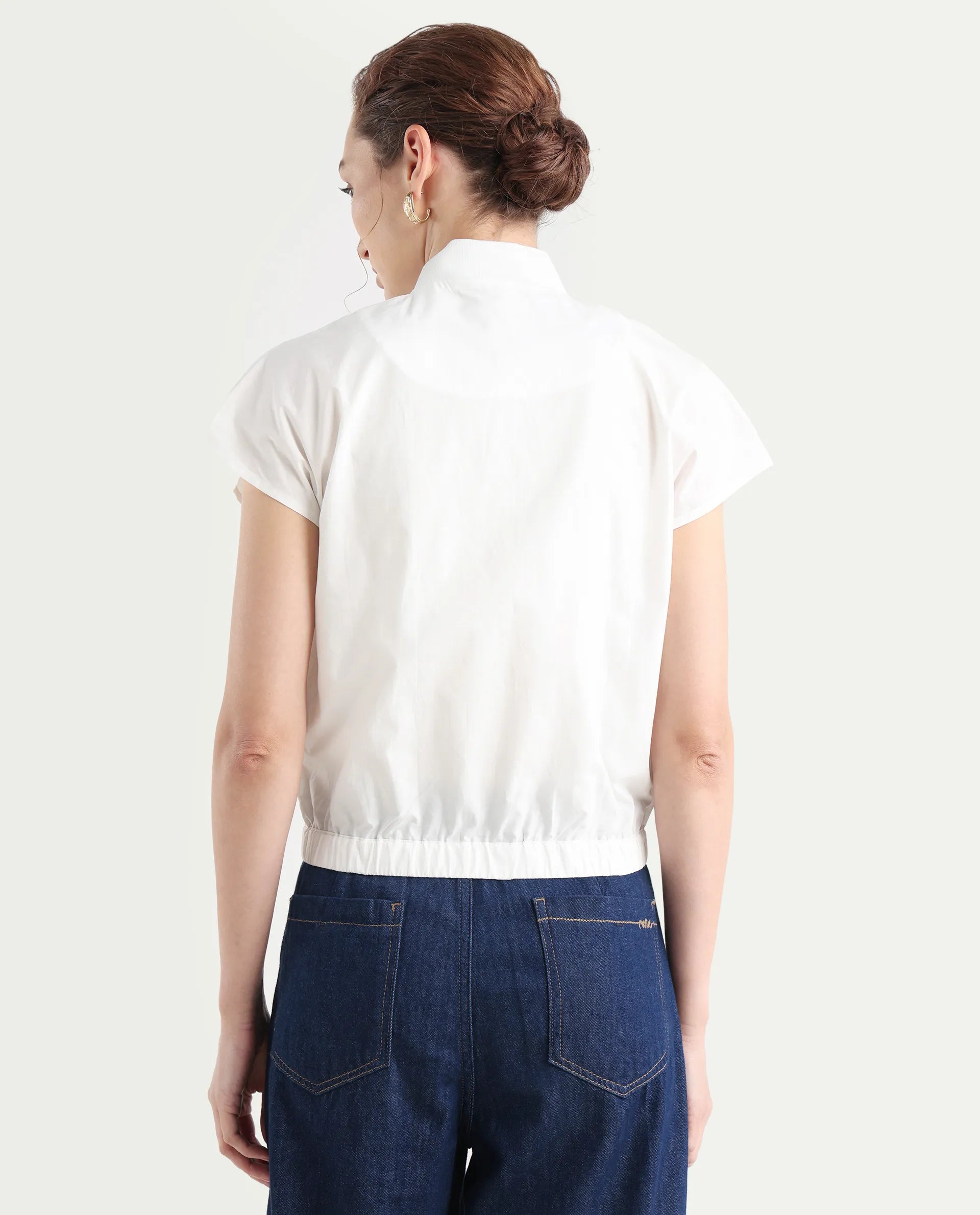 Rareism Women's Viteri White Cotton Ribbed Collar Abstract Print Extended Sleeves Regular Fit Top