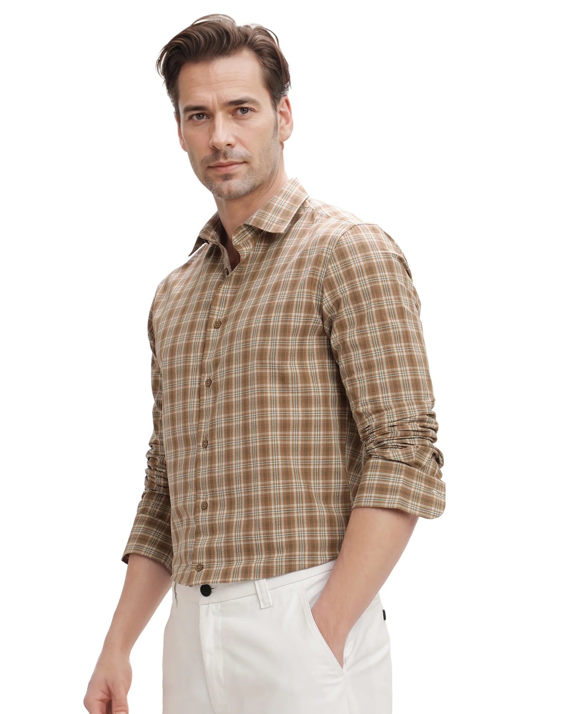 Rare Rabbit Men's Vitka Dark Brown Cotton Fabric Full Sleeve Regular Fit Checks Shirt