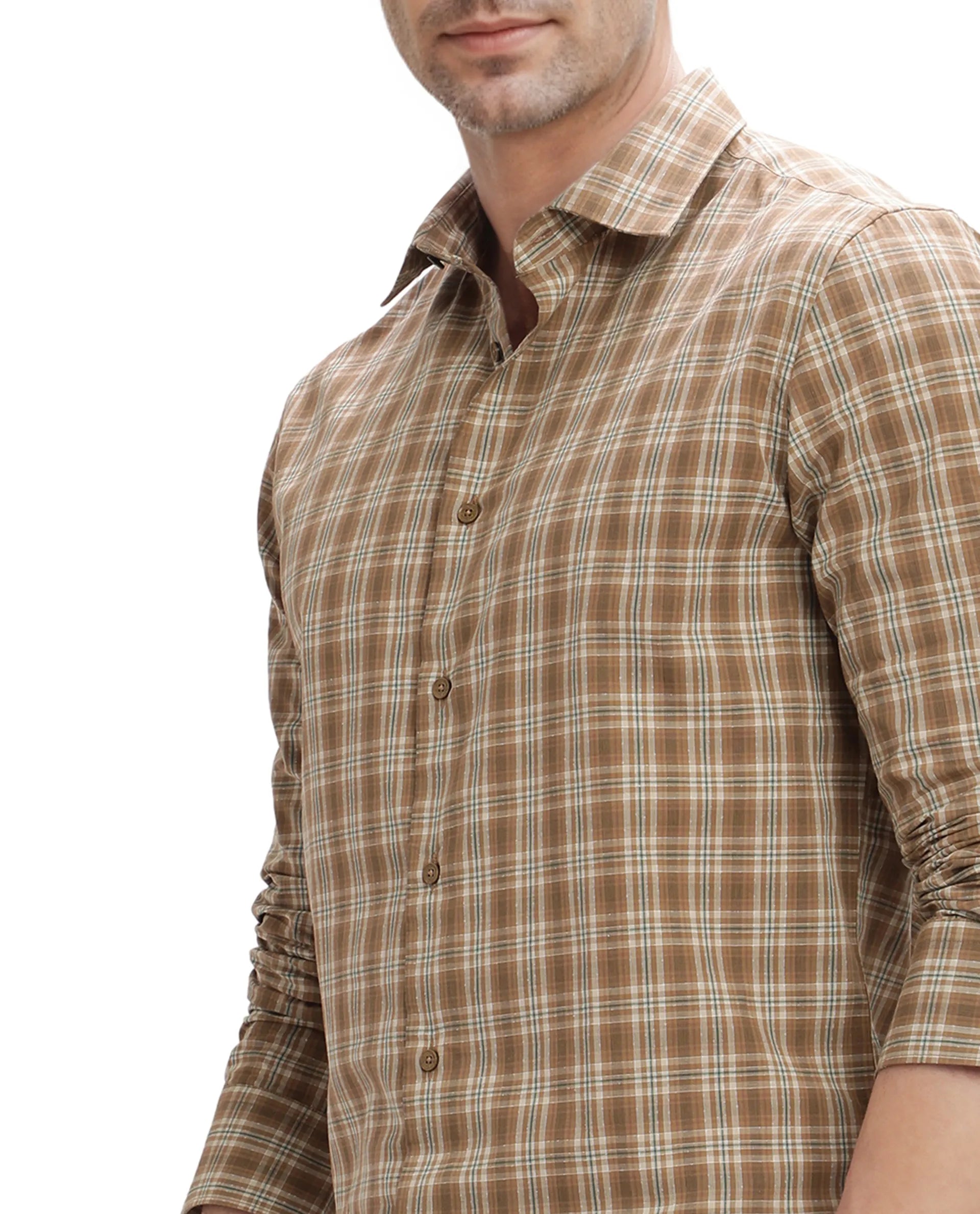 Rare Rabbit Men's Vitka Dark Brown Cotton Fabric Full Sleeve Regular Fit Checks Shirt