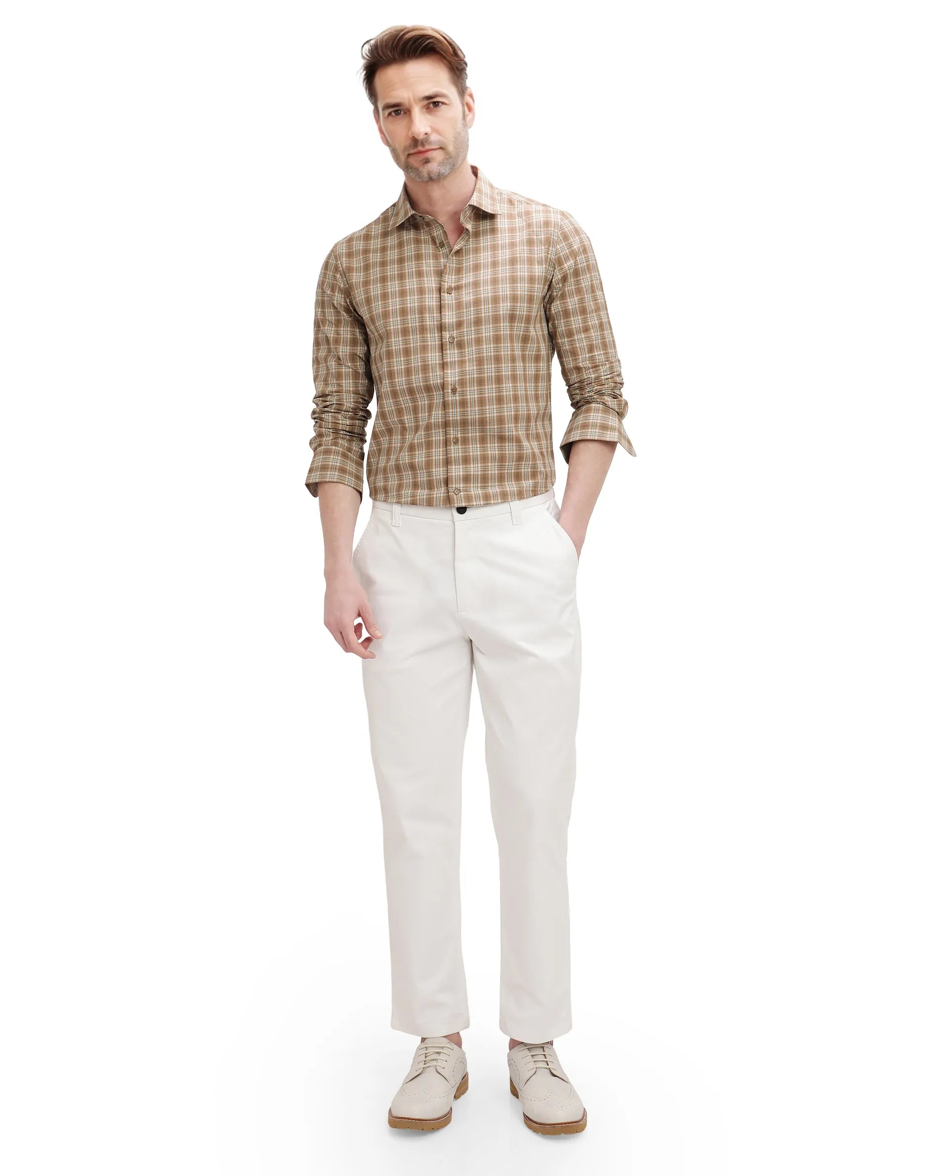 Rare Rabbit Men's Vitka Dark Brown Cotton Fabric Full Sleeve Regular Fit Checks Shirt