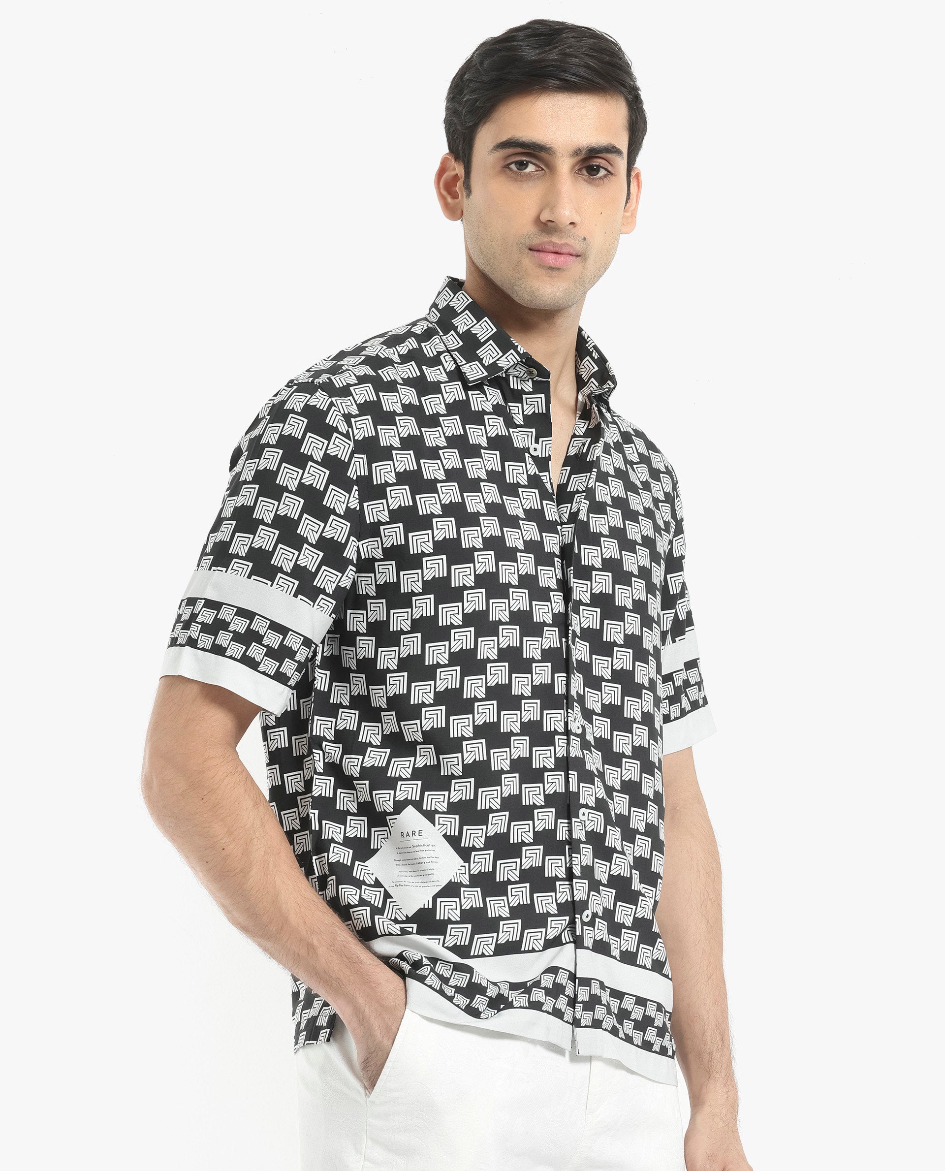 Rare Rabbit Men's Vito Black Viscose Fabric Short Sleeve Boxy Fit Monogram Print Shirt