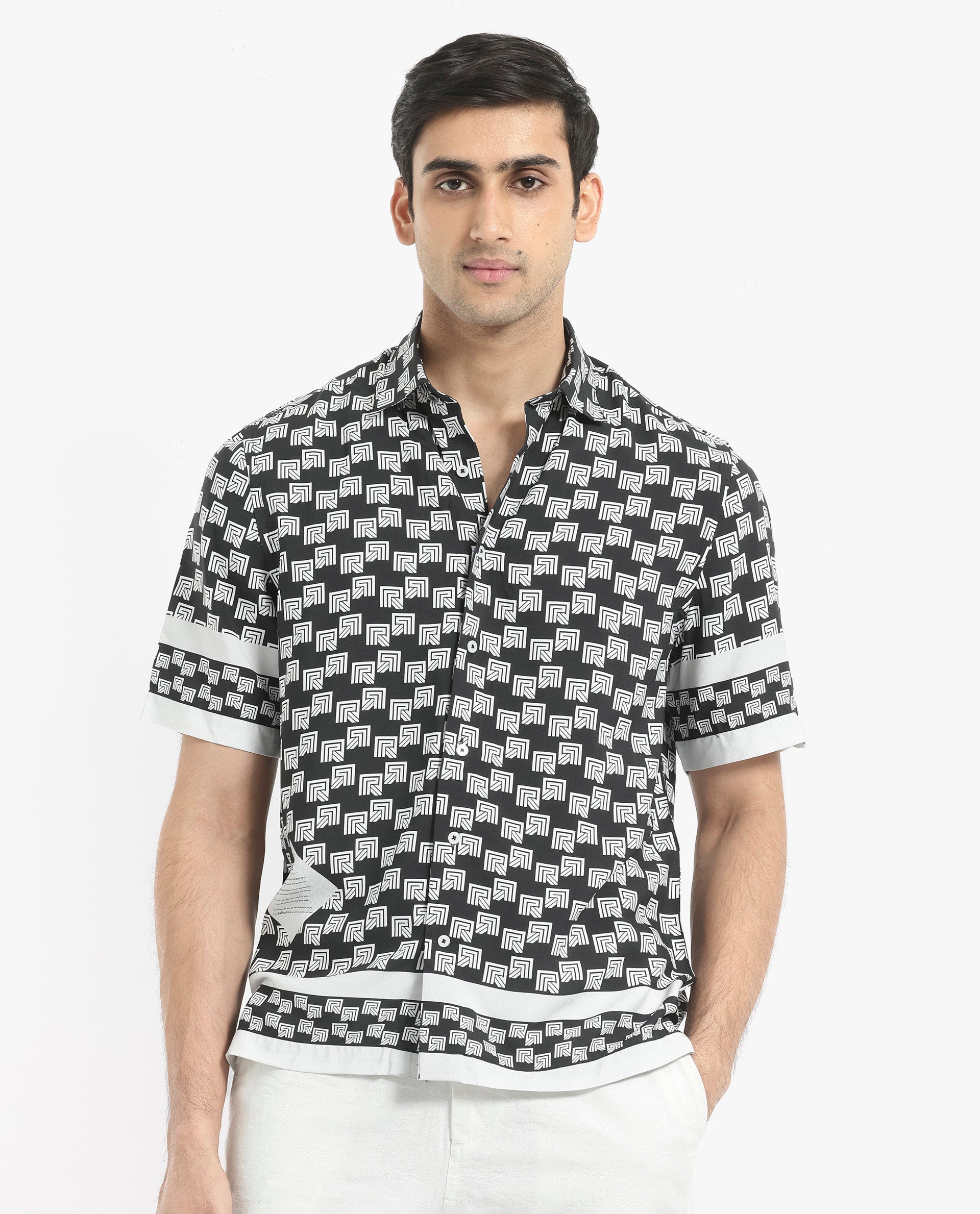 Rare Rabbit Men's Vito Black Viscose Fabric Short Sleeve Boxy Fit Monogram Print Shirt
