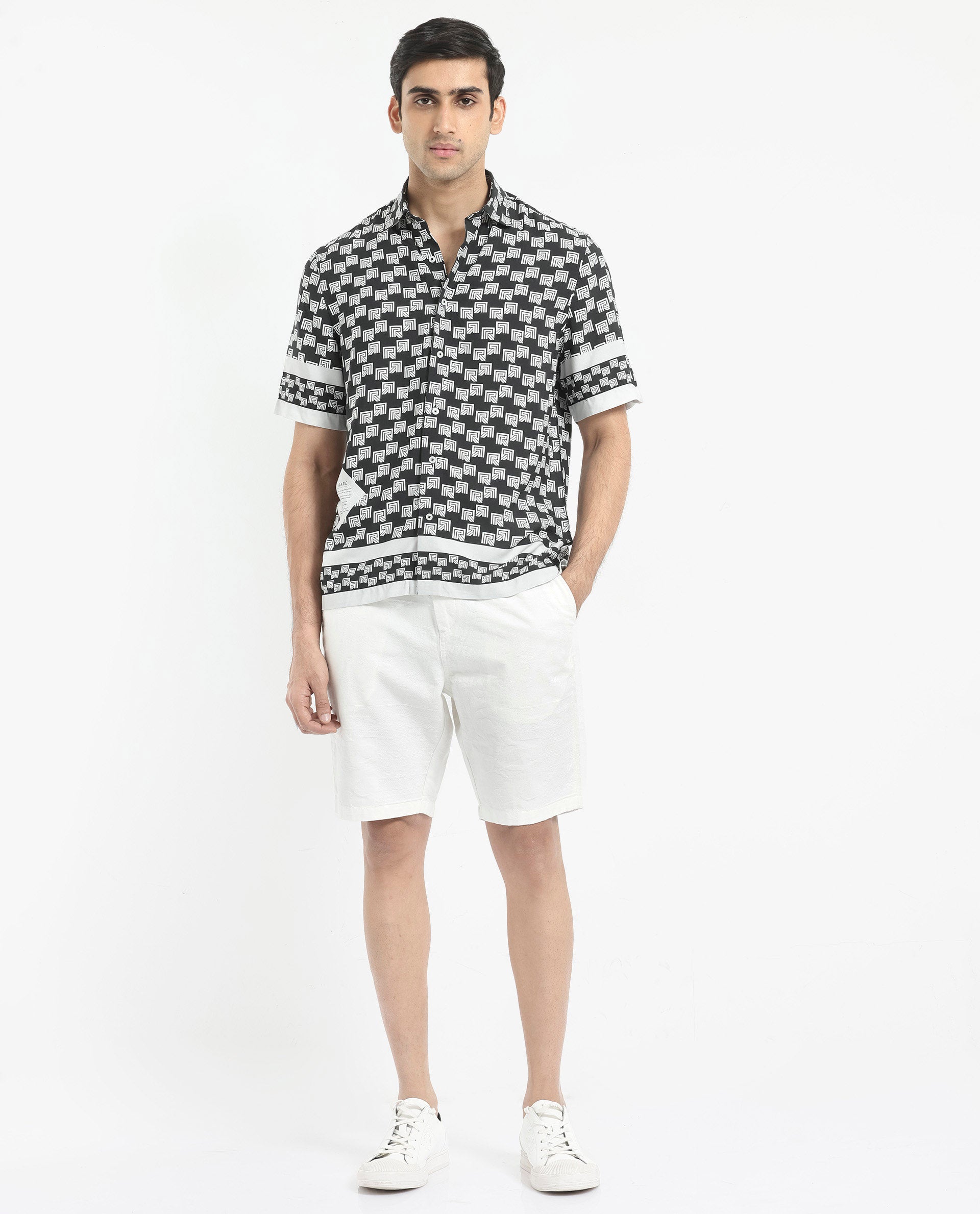 Rare Rabbit Men's Vito Black Viscose Fabric Short Sleeve Boxy Fit Monogram Print Shirt