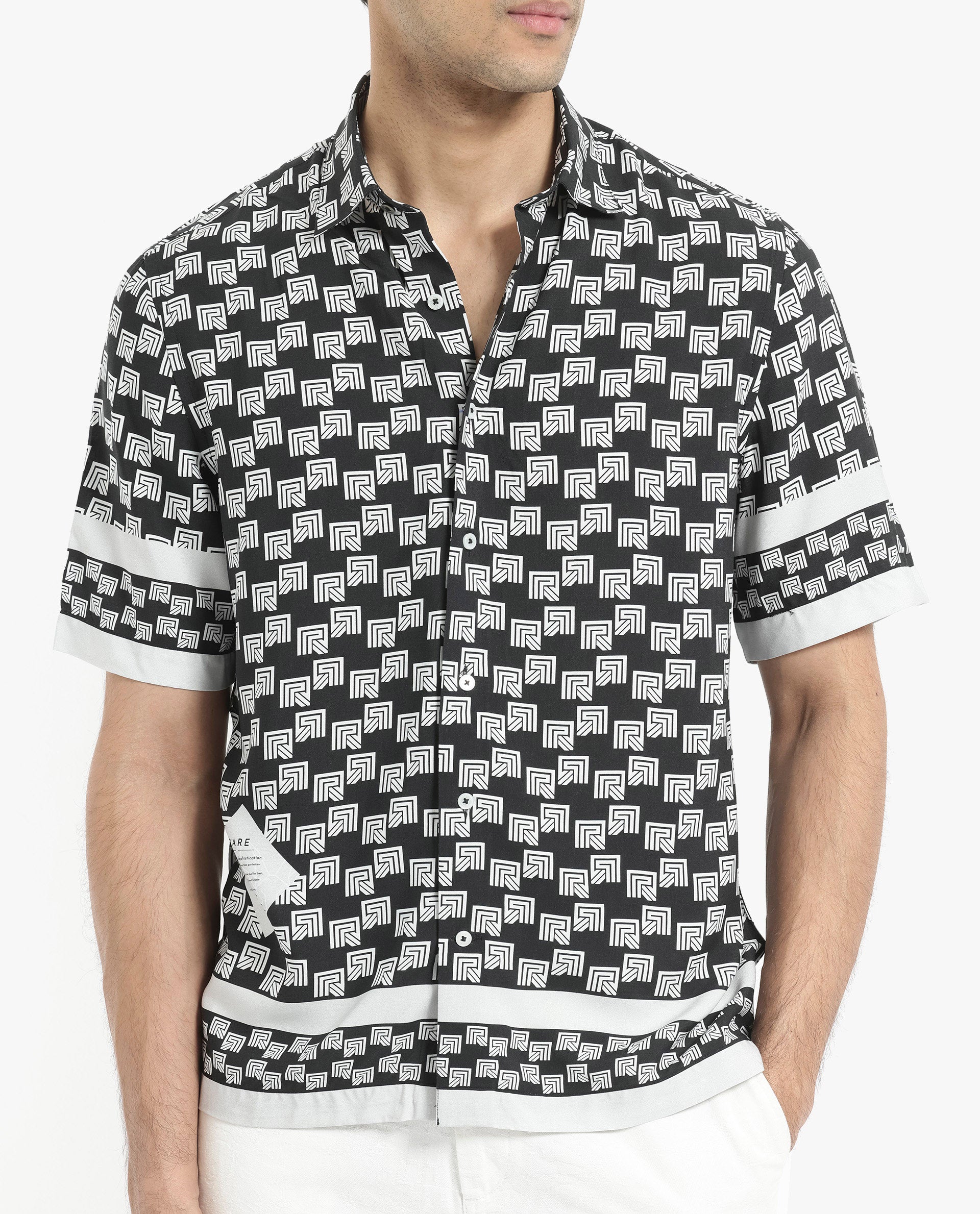 Rare Rabbit Men's Vito Black Viscose Fabric Short Sleeve Boxy Fit Monogram Print Shirt