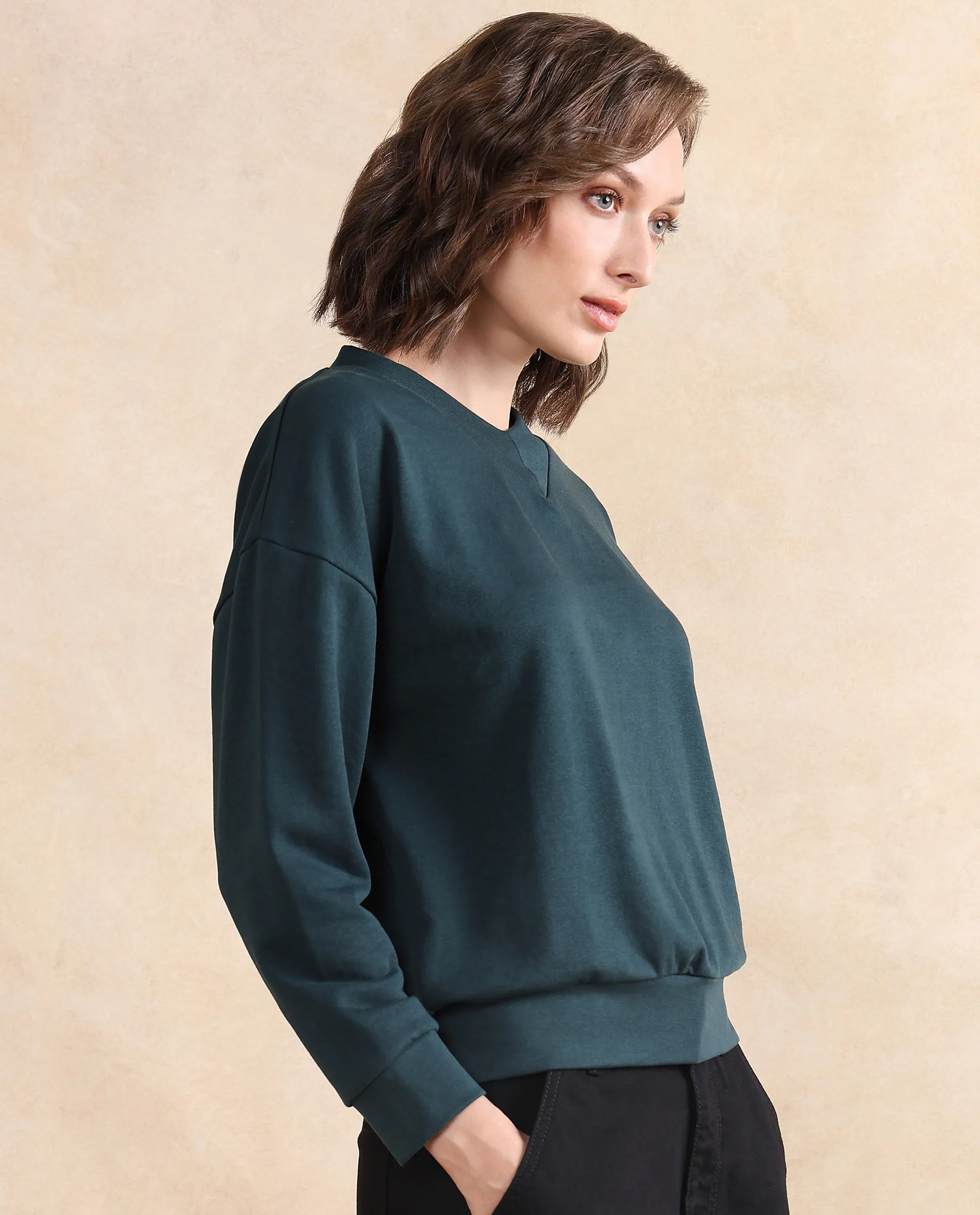 Rareism Women Vitoo Dark Green Cotton Blend Fabric Full Sleeve Crew Ne