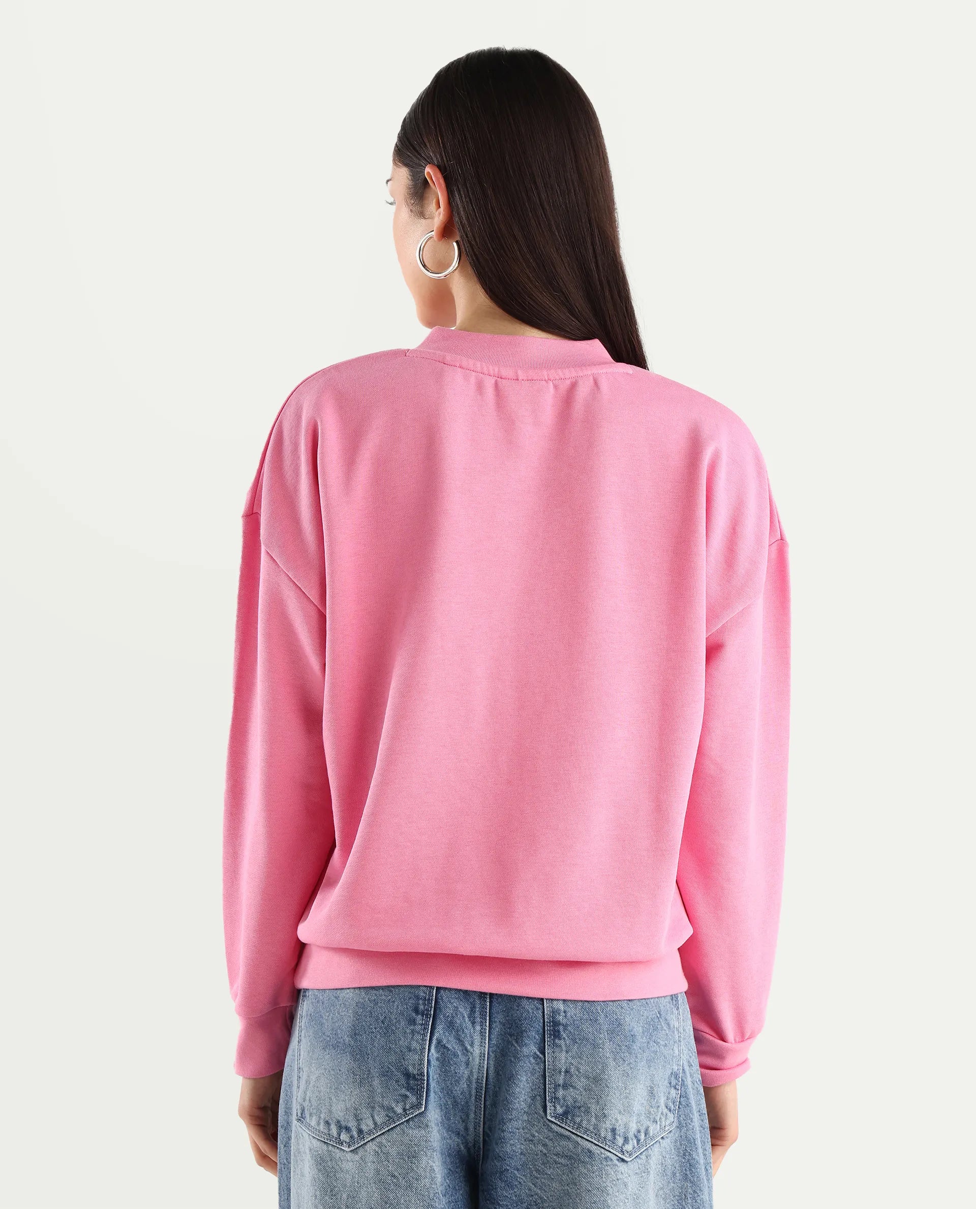 Rareism Women's Vitoo Pink Cotton Blend Crew Neck Plain Relaxed Fit Sweatshirt