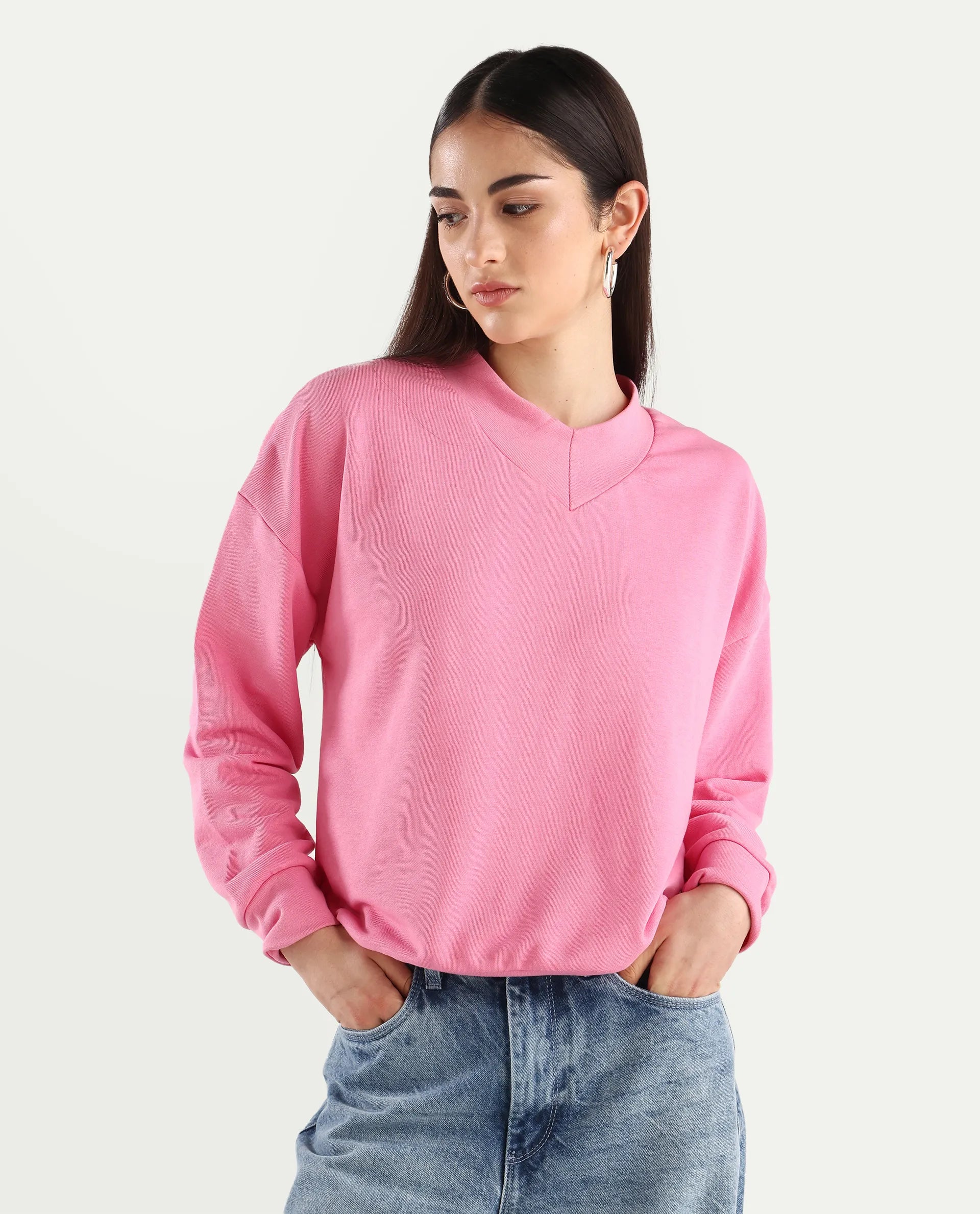 Rareism Women's Vitoo Pink Cotton Blend Crew Neck Plain Relaxed Fit Sweatshirt