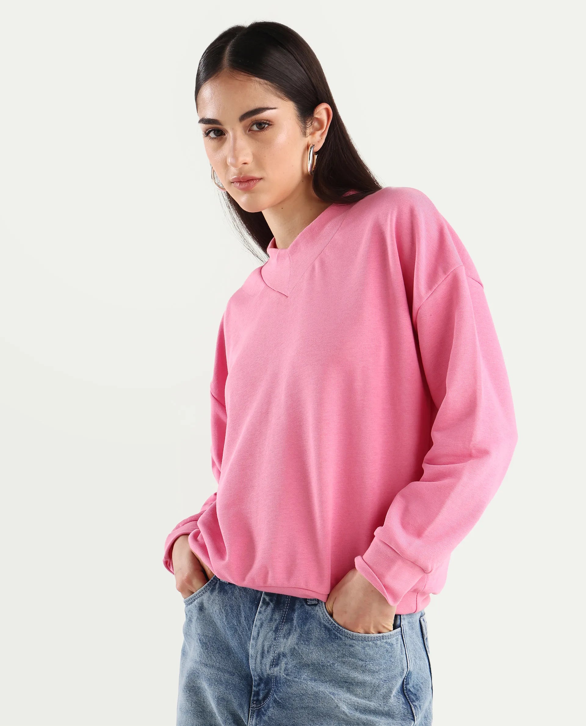 Rareism Women's Vitoo Pink Cotton Blend Crew Neck Plain Relaxed Fit Sweatshirt