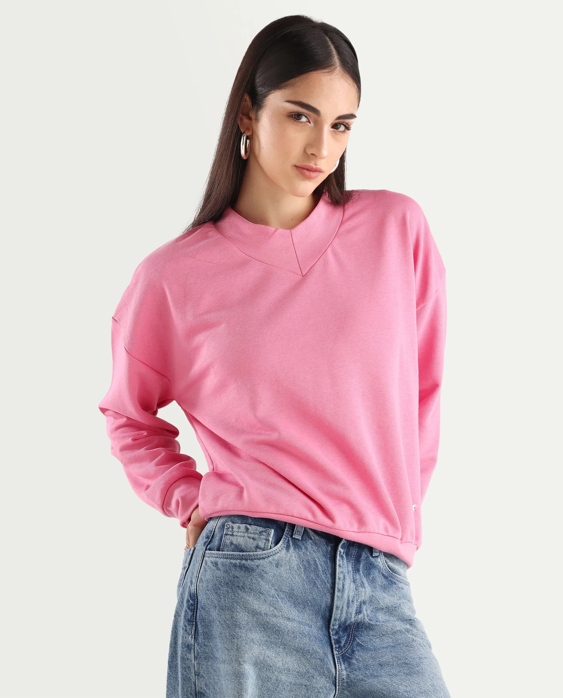 Rareism Women's Vitoo Pink Cotton Blend Crew Neck Plain Relaxed Fit Sweatshirt