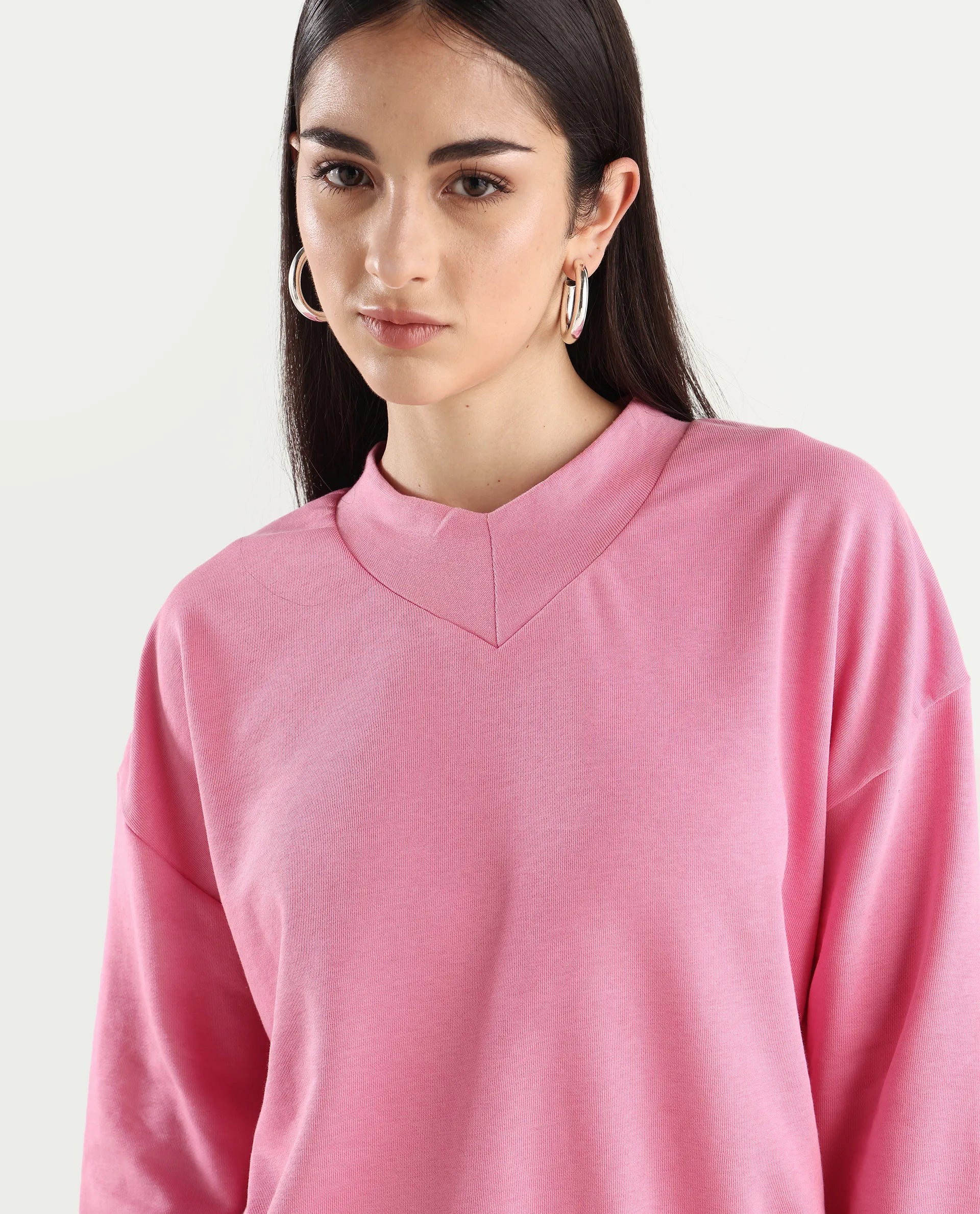 Rareism Women's Vitoo Pink Cotton Blend Crew Neck Plain Relaxed Fit Sweatshirt