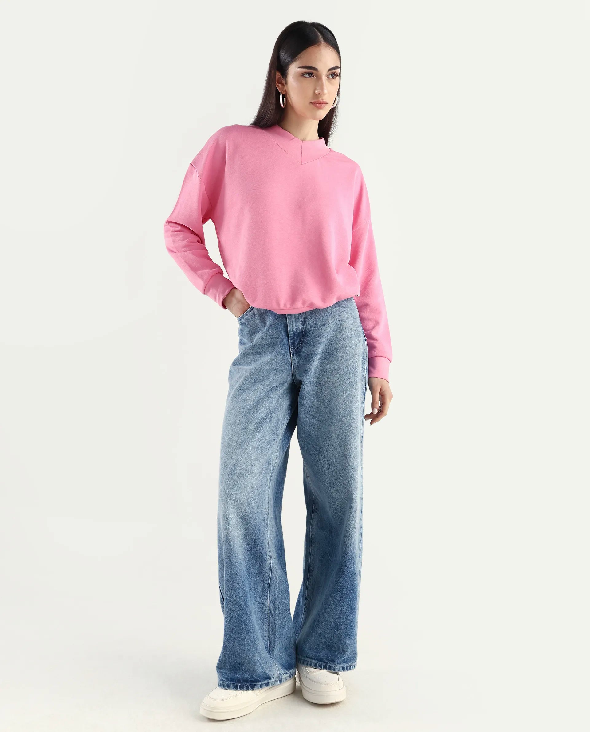 Rareism Women's Vitoo Pink Cotton Blend Crew Neck Plain Relaxed Fit Sweatshirt