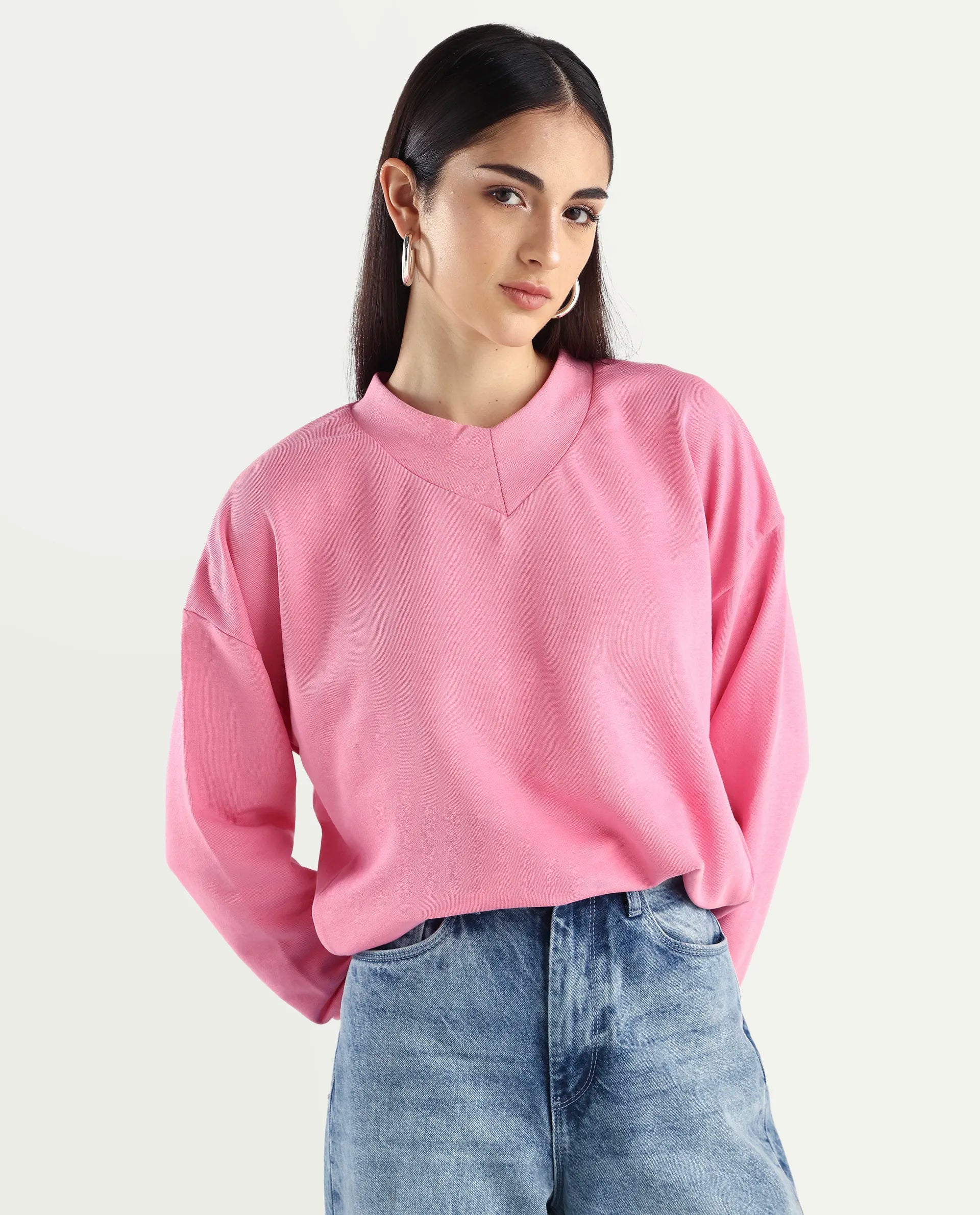Rareism Women's Vitoo Pink Cotton Blend Crew Neck Plain Relaxed Fit Sweatshirt