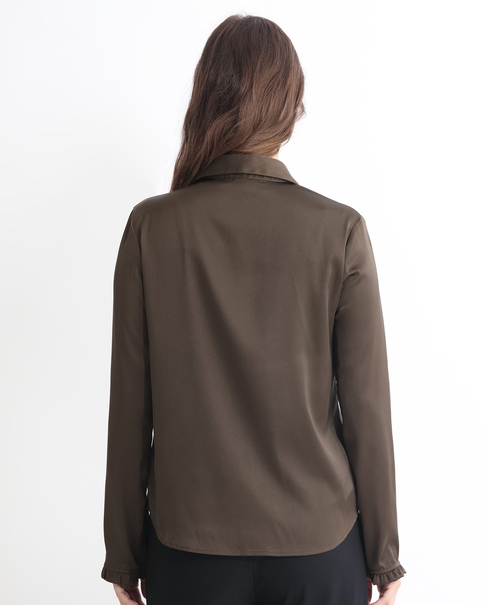 Rareism Women Uitson Dark Olive Polyester Fabric Relaxed Fit Ruffled Neck Full Sleeves Solid Top