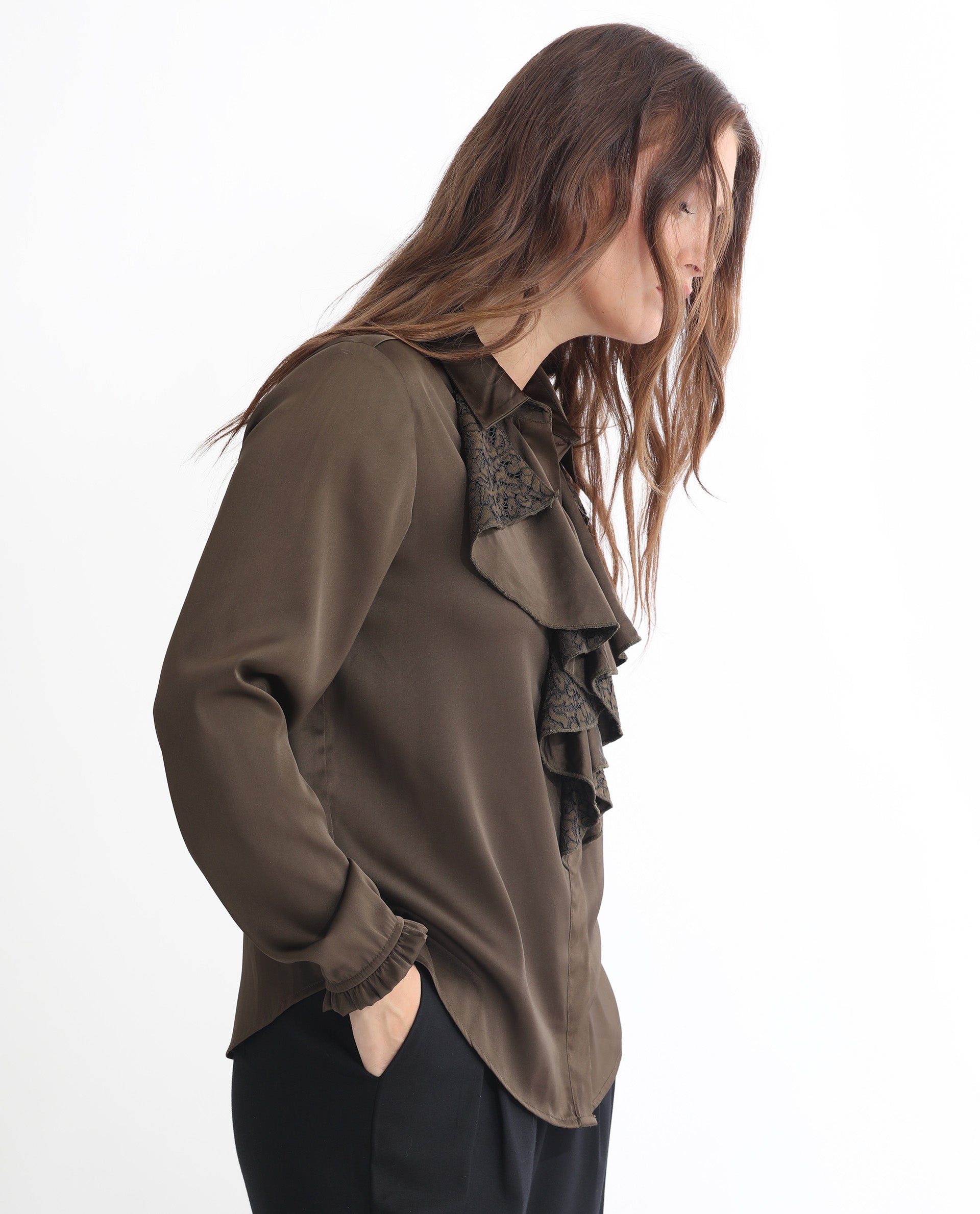 Rareism Women Uitson Dark Olive Polyester Fabric Relaxed Fit Ruffled Neck Full Sleeves Solid Top