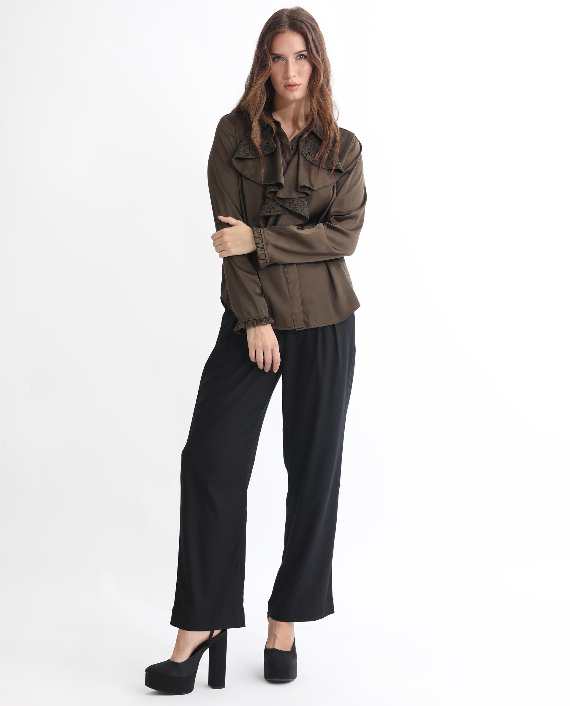 Rareism Women Uitson Dark Olive Polyester Fabric Relaxed Fit Ruffled Neck Full Sleeves Solid Top