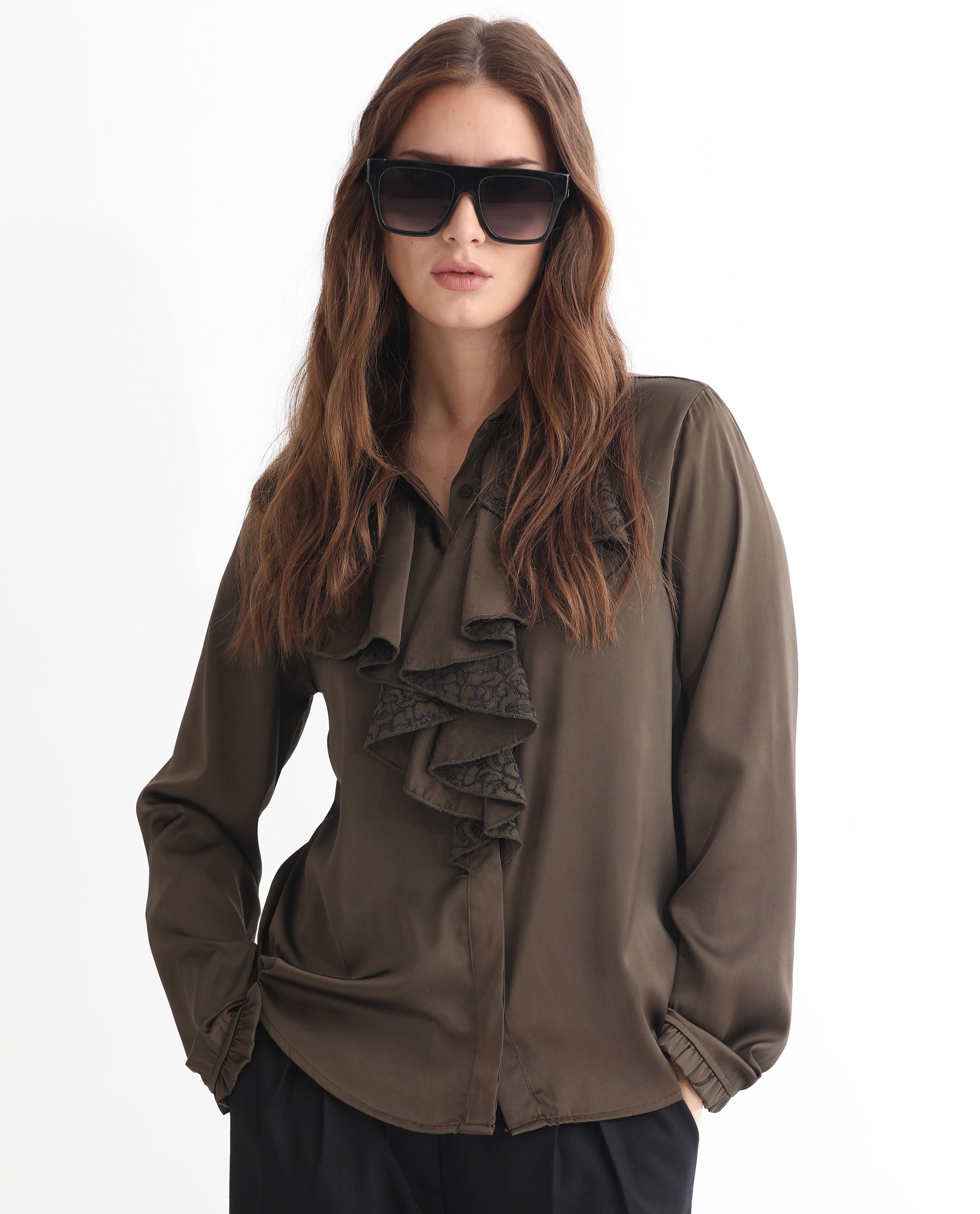 Rareism Women Uitson Dark Olive Polyester Fabric Relaxed Fit Ruffled Neck Full Sleeves Solid Top