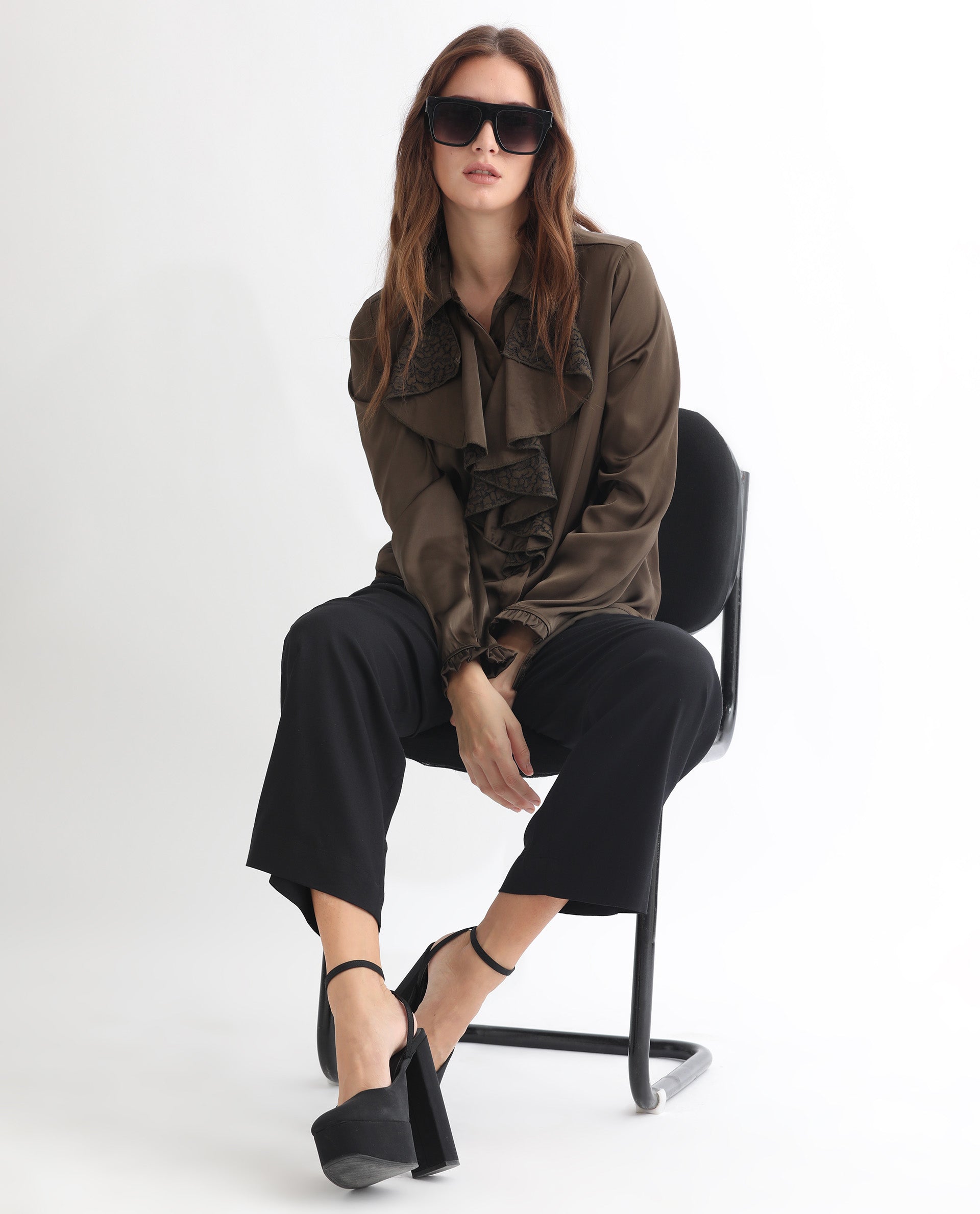 Rareism Women Uitson Dark Olive Polyester Fabric Relaxed Fit Ruffled Neck Full Sleeves Solid Top