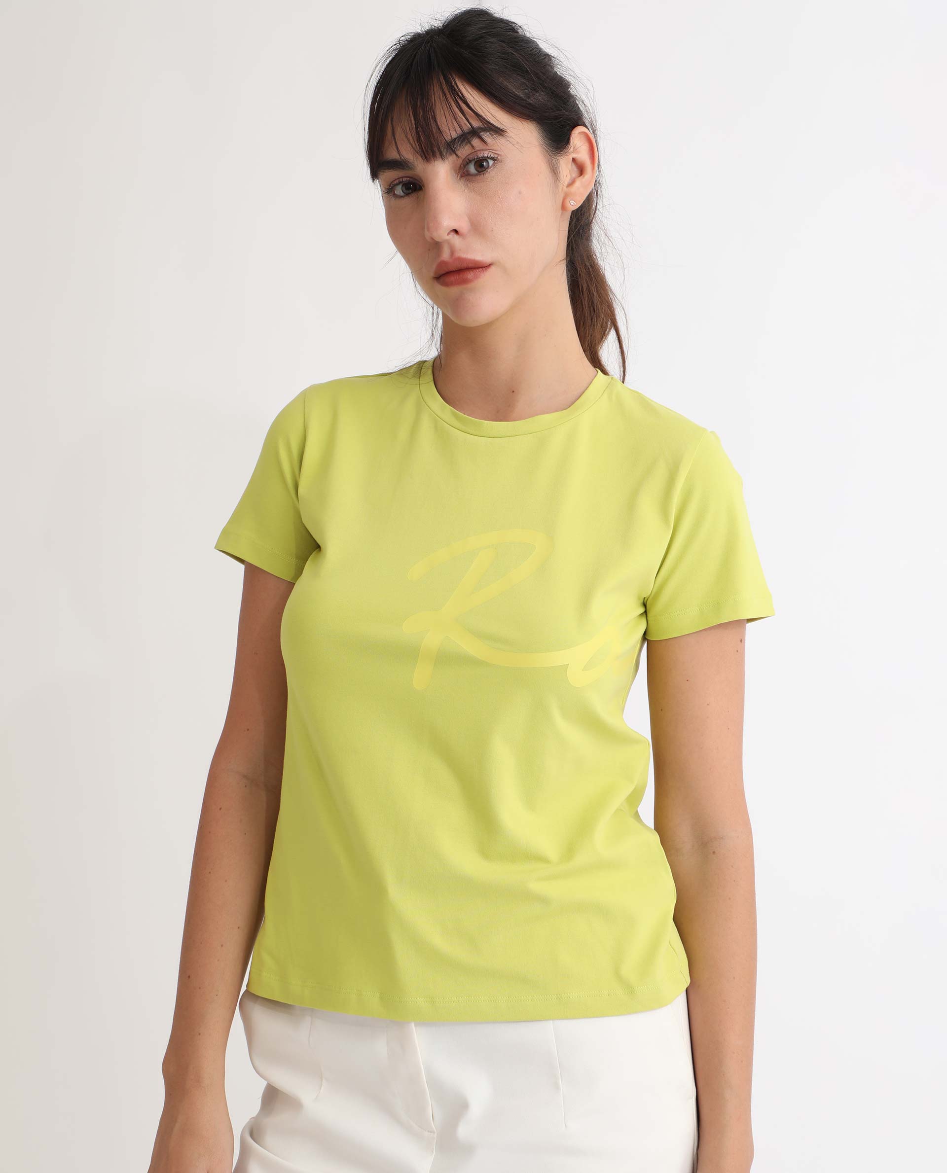 Rareism Women Vivian Flouroscent Green  Regular Fit Half Sleeves Solid Crew Neck T-Shirt
