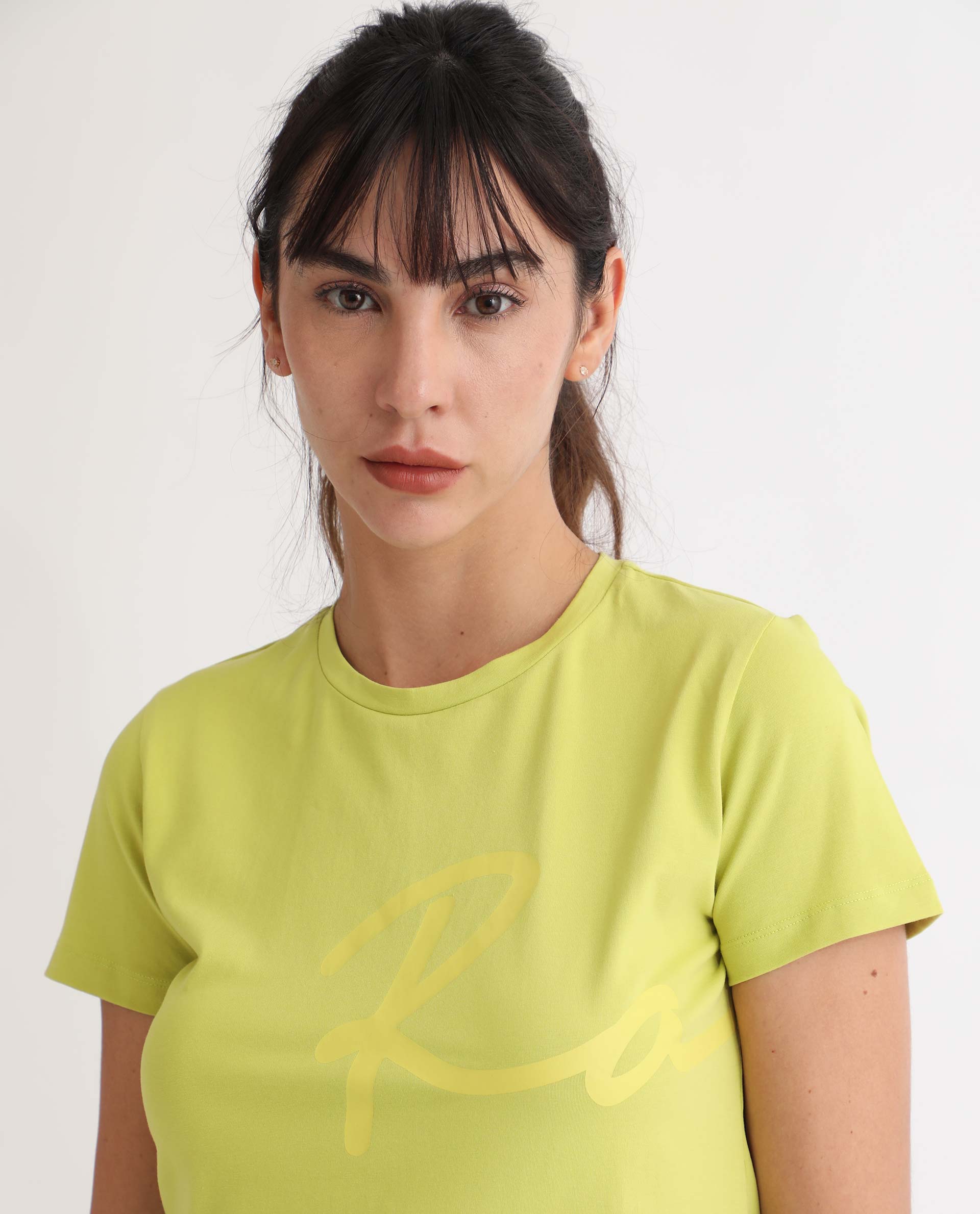 Rareism Women Vivian Flouroscent Green  Regular Fit Half Sleeves Solid Crew Neck T-Shirt