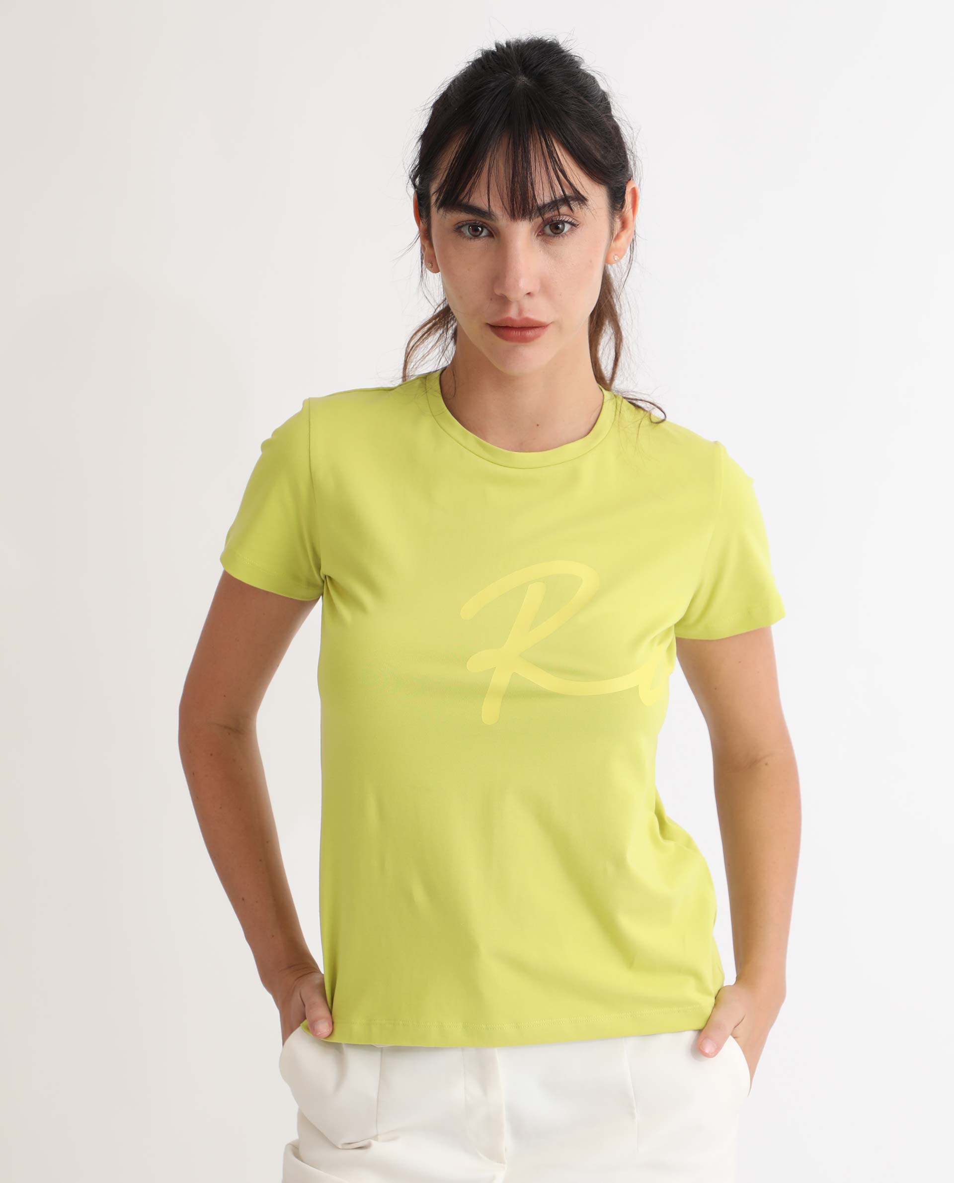 Rareism Women Vivian Flouroscent Green  Regular Fit Half Sleeves Solid Crew Neck T-Shirt