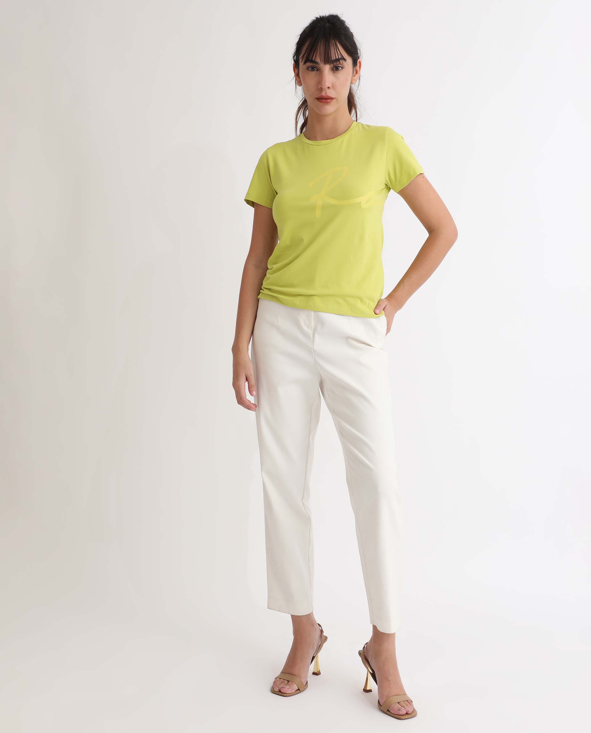 Rareism Women Vivian Flouroscent Green  Regular Fit Half Sleeves Solid Crew Neck T-Shirt