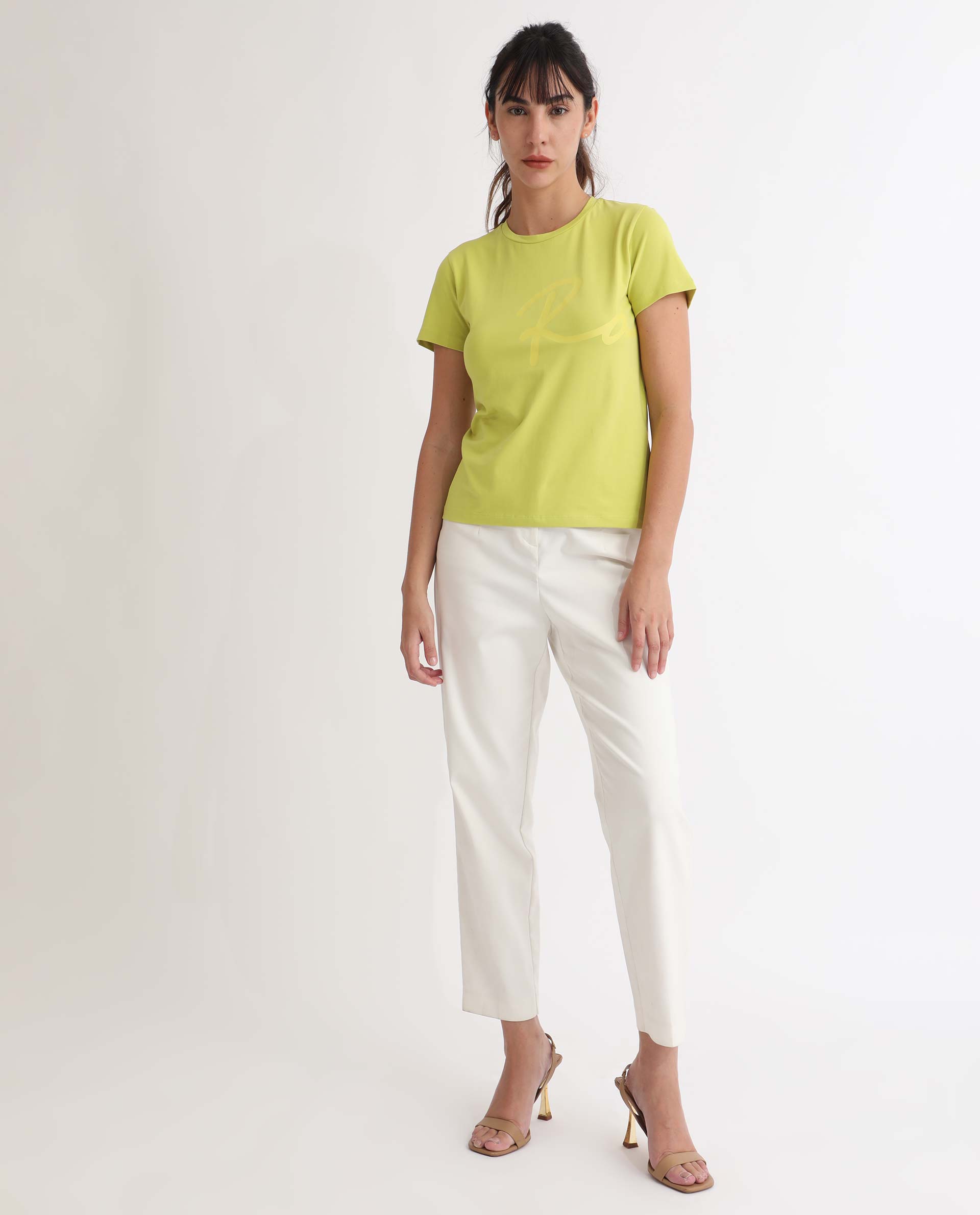 Rareism Women Vivian Flouroscent Green  Regular Fit Half Sleeves Solid Crew Neck T-Shirt