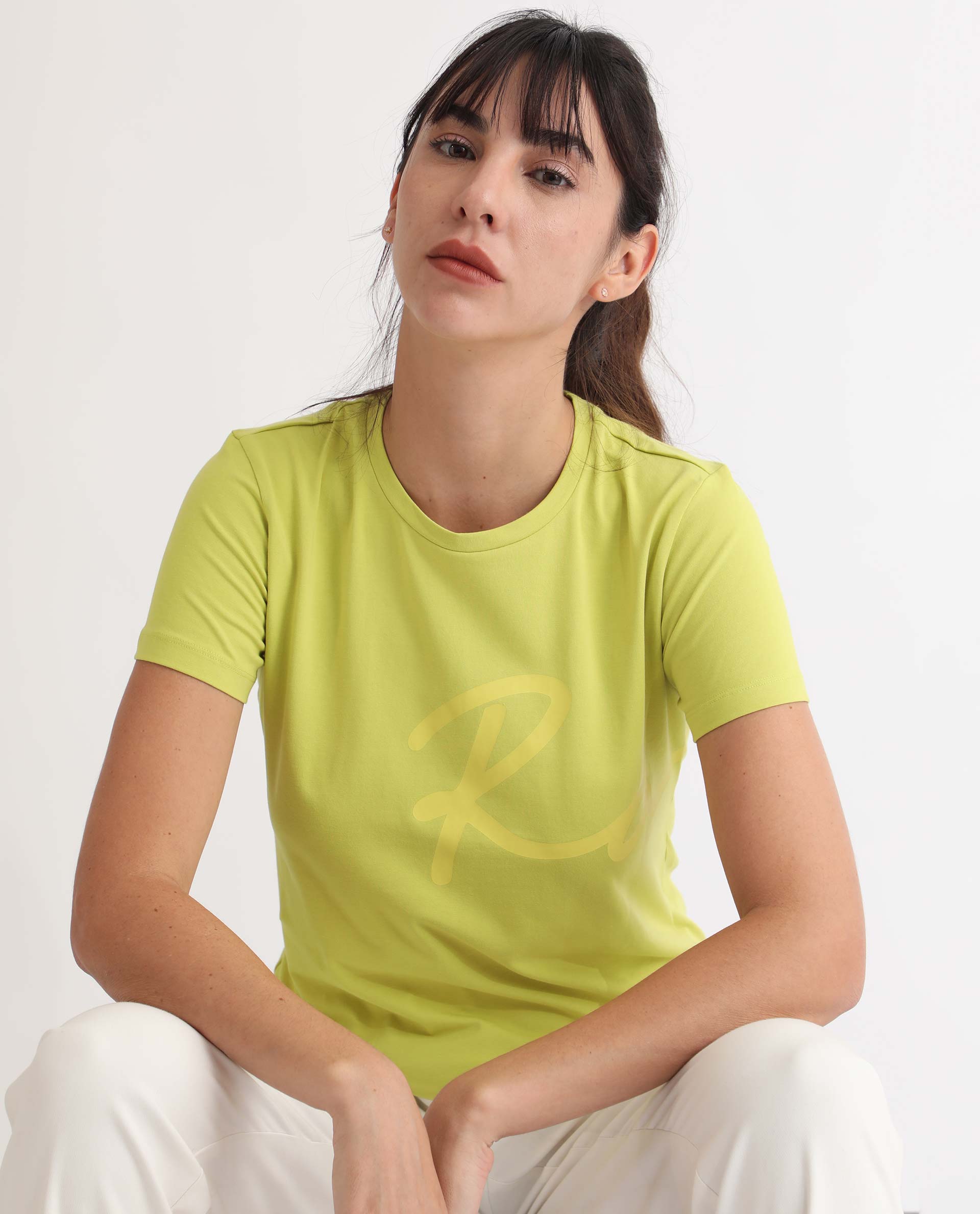 Rareism Women Vivian Flouroscent Green  Regular Fit Half Sleeves Solid Crew Neck T-Shirt