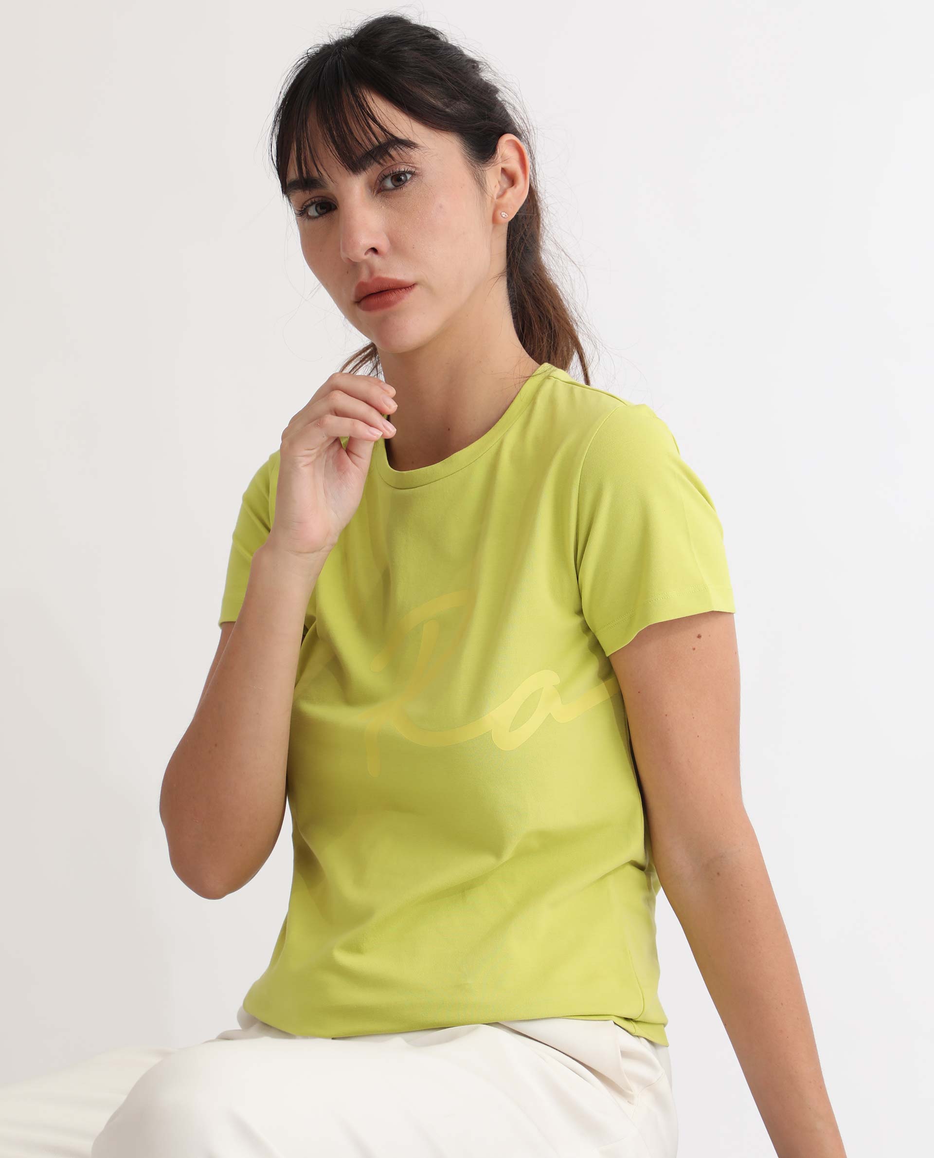 Rareism Women Vivian Flouroscent Green  Regular Fit Half Sleeves Solid Crew Neck T-Shirt
