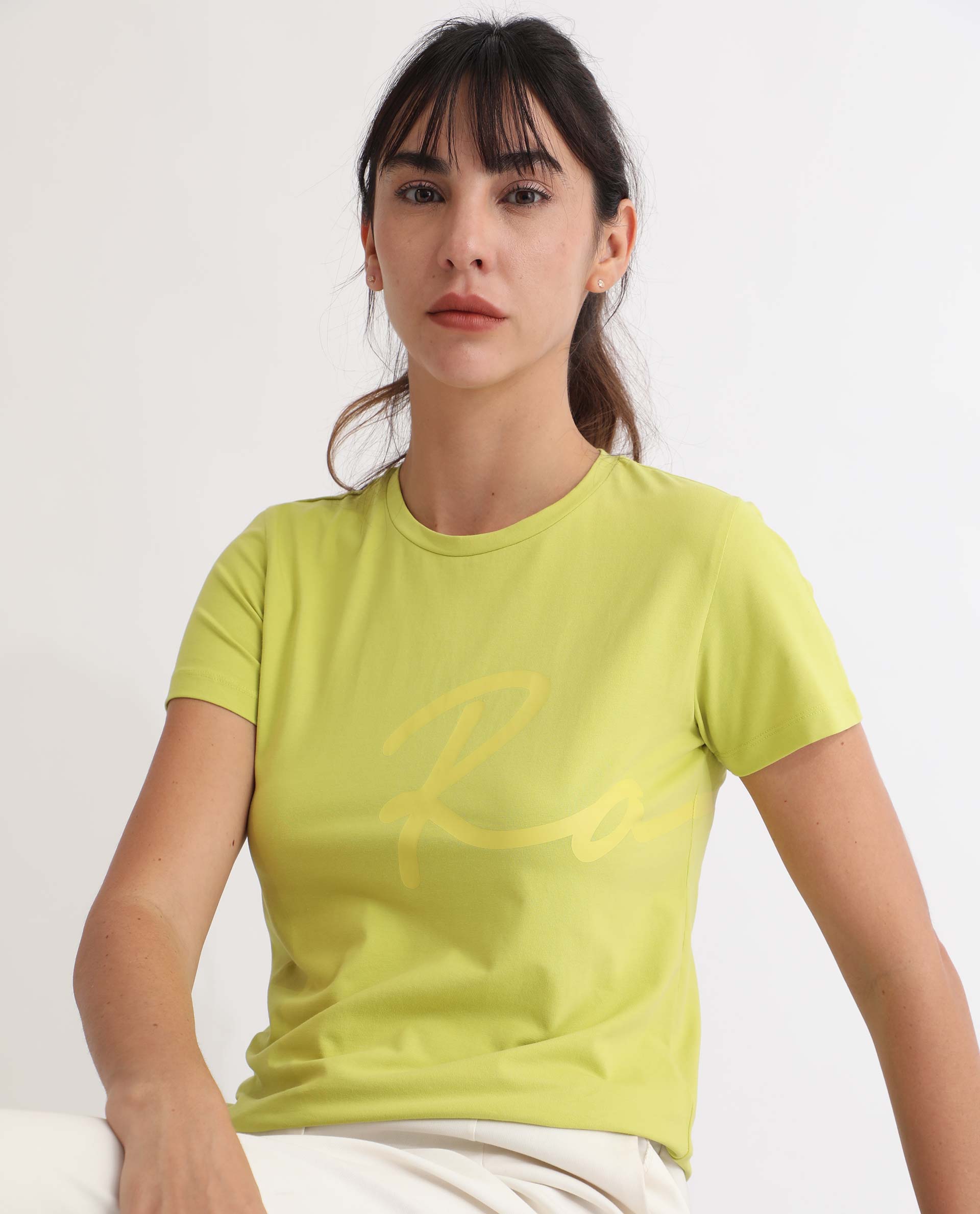 Rareism Women Vivian Flouroscent Green  Regular Fit Half Sleeves Solid Crew Neck T-Shirt