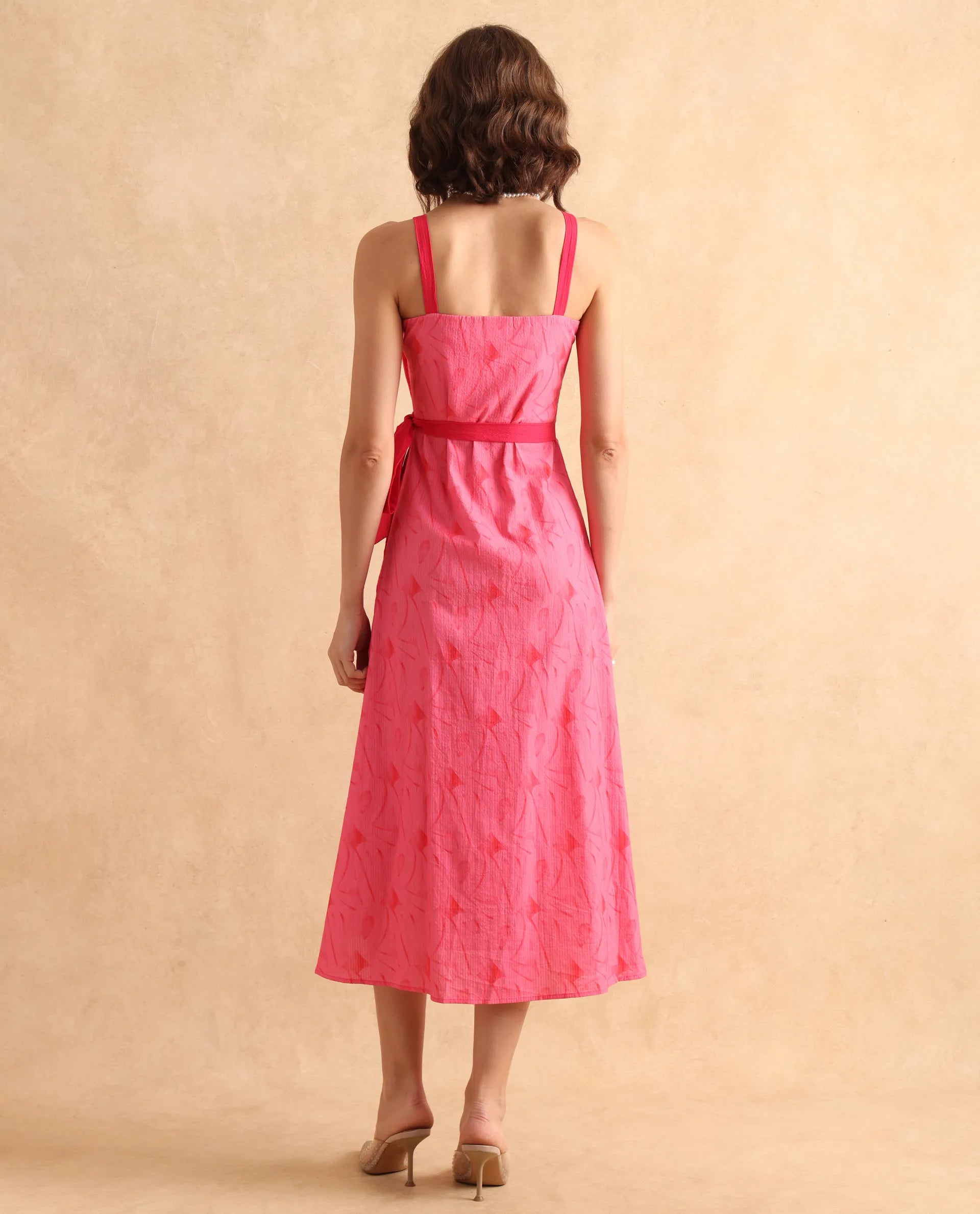 Rareism Women's Viyug Pink  Halter Neck Tie-Up Closure Sleeveless Monogram Print Wrap Midi Dress